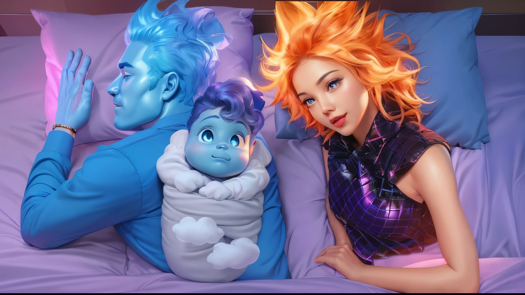 there is a woman laying in bed with a cloud baby and a man, movie promotional image, in style of disney pixar, There is a woman laying in bed next to a man with blue skin, vibrant, movie promotional image, purple and blue bed pillows, 4k, high resolution, realistic, multiple light sources, rim light (best quality, 4k, high-res, realistic), ultra-detailed, vivid colors, movie poster style, vibrant atmosphere, glossy finish, dynamic poses, crisp details, intense emotions, romantic setting, soft lighting, cinematic feel