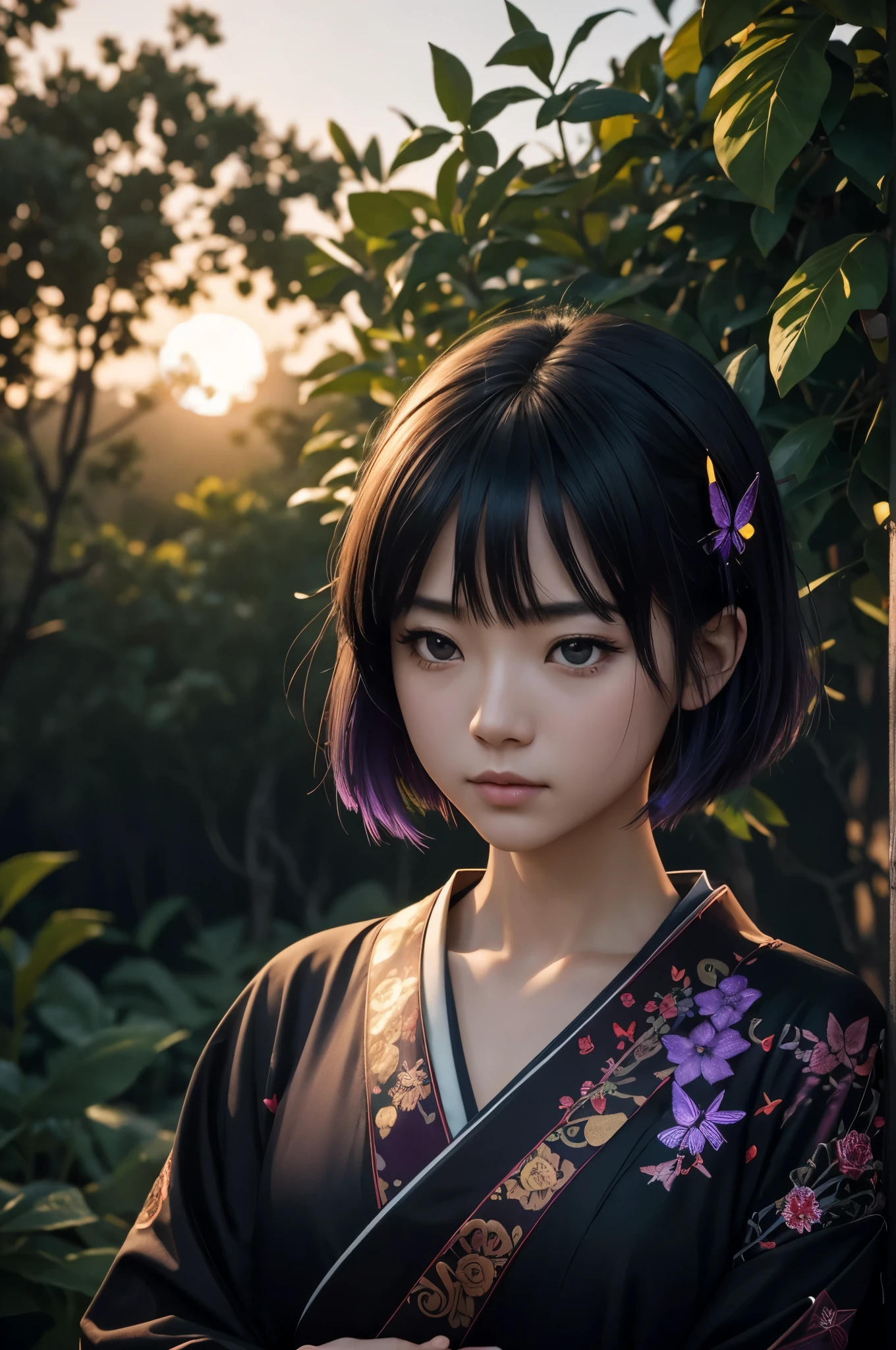 8K,Woman in Japan traditional costume,(dark shot:1.4), 80mm, (dark shot:1.4), 80mm, epic real, Big eyes,Black hair short bob hair,black and purple butterfly hair ornament,black kimono and red obi,black and purple butterfly pattern(Precise butterfly embroidery),purple eyes(purple effect),range murata, wonderful, matted, paul gauguin, art,soft cinematic light, adobe lightroom, photo lab, HDR, 複雑で非常にdetailed, (Depth of bounds written:1.4), (dark shot:1.22), Neutral Color, (HDR:1.4), (calm colors:1.4), (Complex), (artステーション:1.2), 超detailedな, dramatic, Complex細部, (technicolor:0.9), (rutkowski:0.8), cinematic, detailed, soft light, sharp, exposure blend, medium shot, Bokeh, (HDR:1.4), high contrast, (cinematic, teal and orange:0.85), (calm colors, dim color, calm colors調:1.3), low saturation, (超detailedな:1.2), (:0.4), soft light, sharp, exposure blend、medium shot、Bokeh、(HDR:1.4)、high contrast、low saturation、(hyper detail:1.2)、(:0.4)、(Complex細部:1.12)、HDR、(Complex細部、hyper detail:1.15)Photorealistic RAW photos of the highest quality。Bright colors,rich colors, Backlight, cinematic lighting, film grain, to be born, 50mm lens, Nikon D850,realistic skin,ファンタジーart,キャラクターart,ultra high resolution,realistic skin,sunset,Lots of poses,muscular slim body,verandah of a large mansion,in the forest,超realistic skin,full moon,late night,
