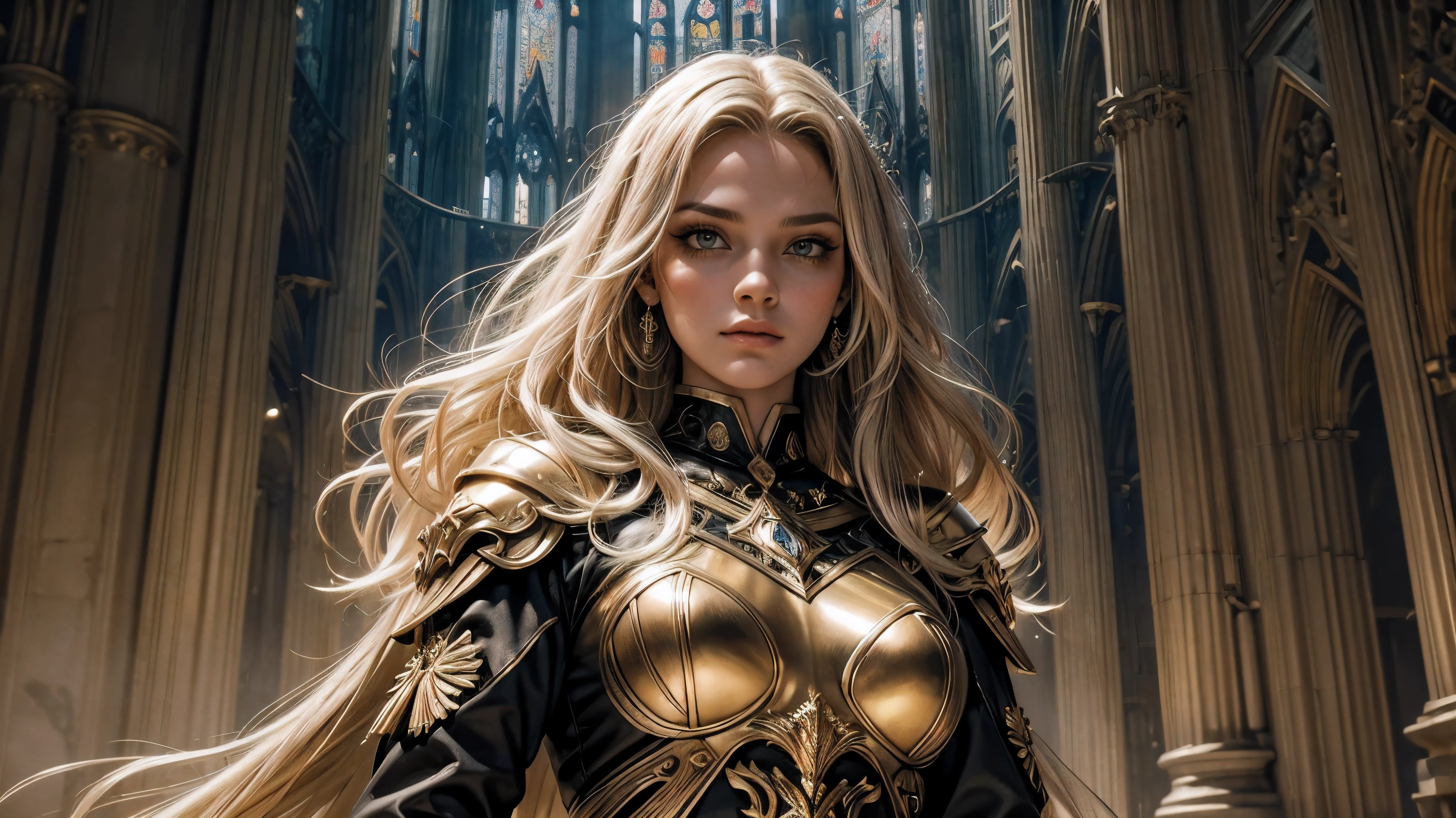 Valkyrie, deusa, gothic architecture, asas de ouro, vestido grande dourado, cabelo loiro dourados, film lighting, two tone lighting, muitos detalhes, obra de arte muito realista, rosto detalhado, olhos detalhados, modelo em 32k