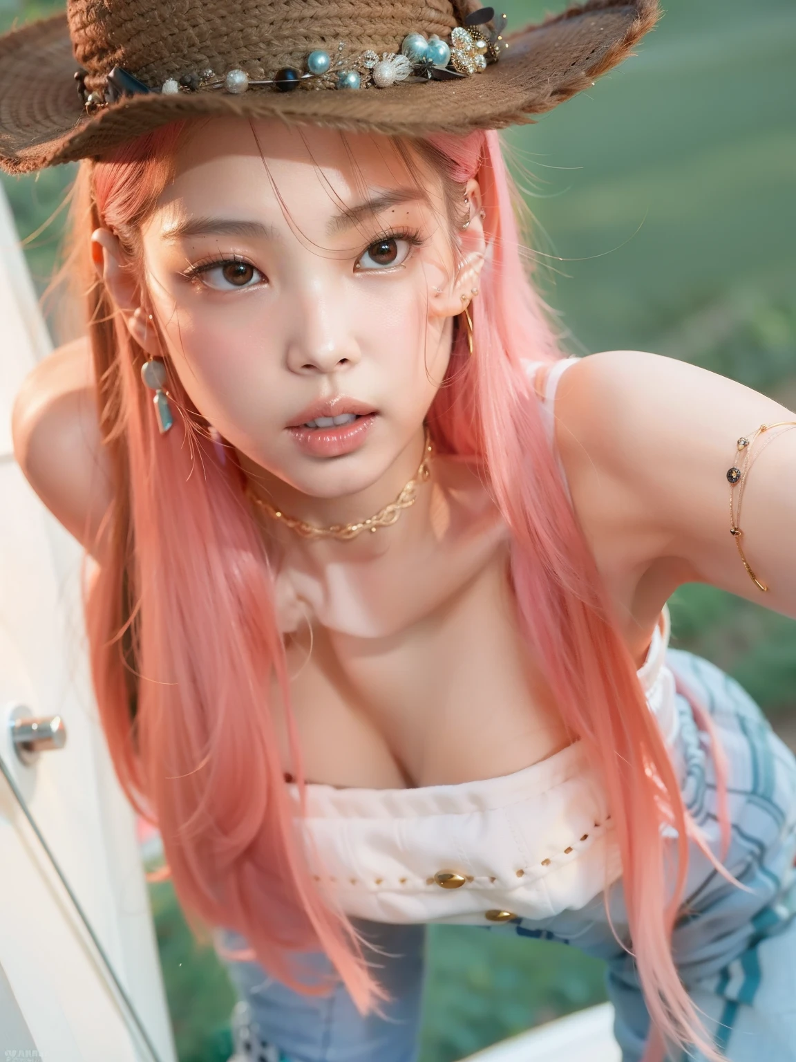 jennie blackpink face, olhando para cima cabelo rosa