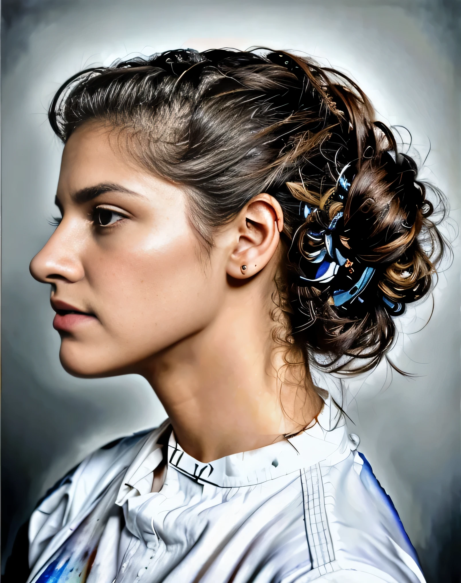 painting of a woman with a messy bun and a white shirt, detailed Retrato en color, Retrato pintado centrado lateralmente, Retrato de arte digital, airbrush digital oil painting, Retrato pintado de perfil lateral, Retrato detallado, hyper-Retrato detallado, Pintura digital realista, Retrato de belleza detallado, highly Retrato detallado, retrato arte digital, retrato foto realista, Dibujado con Photoshop, Retrato en color, Retrato fotorrealista