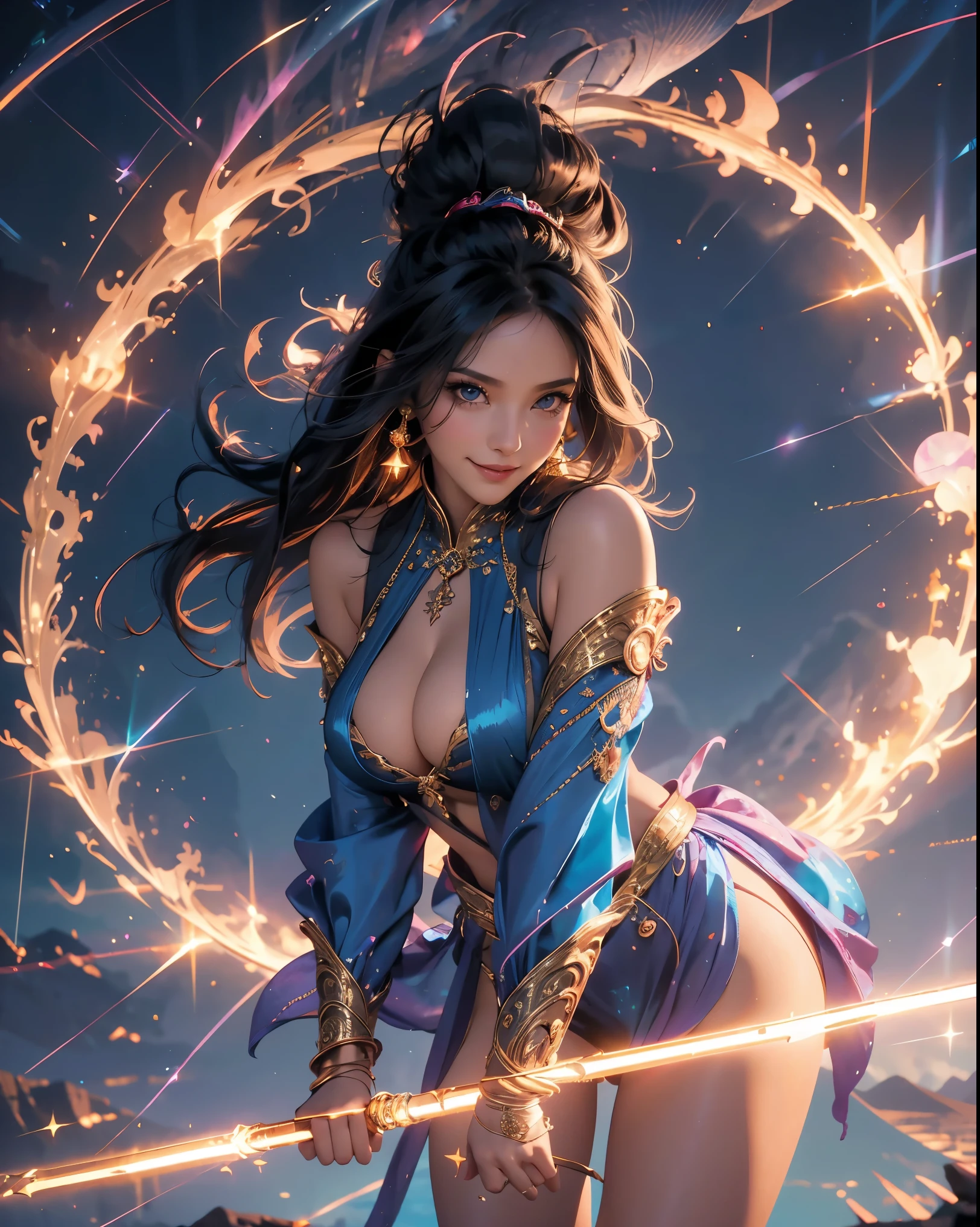 a sexy woman swinging in sky, sorceress, wearing a silk tight dress, fashion, wearing ornate silk clothes, sexy huge breasts, cleavage, sexy pose, smiley face, smile on face, wind sorcerer, sorcerer, mehndi patterns, lovely princess, hippie fashion, maya ali wind sorcerer.