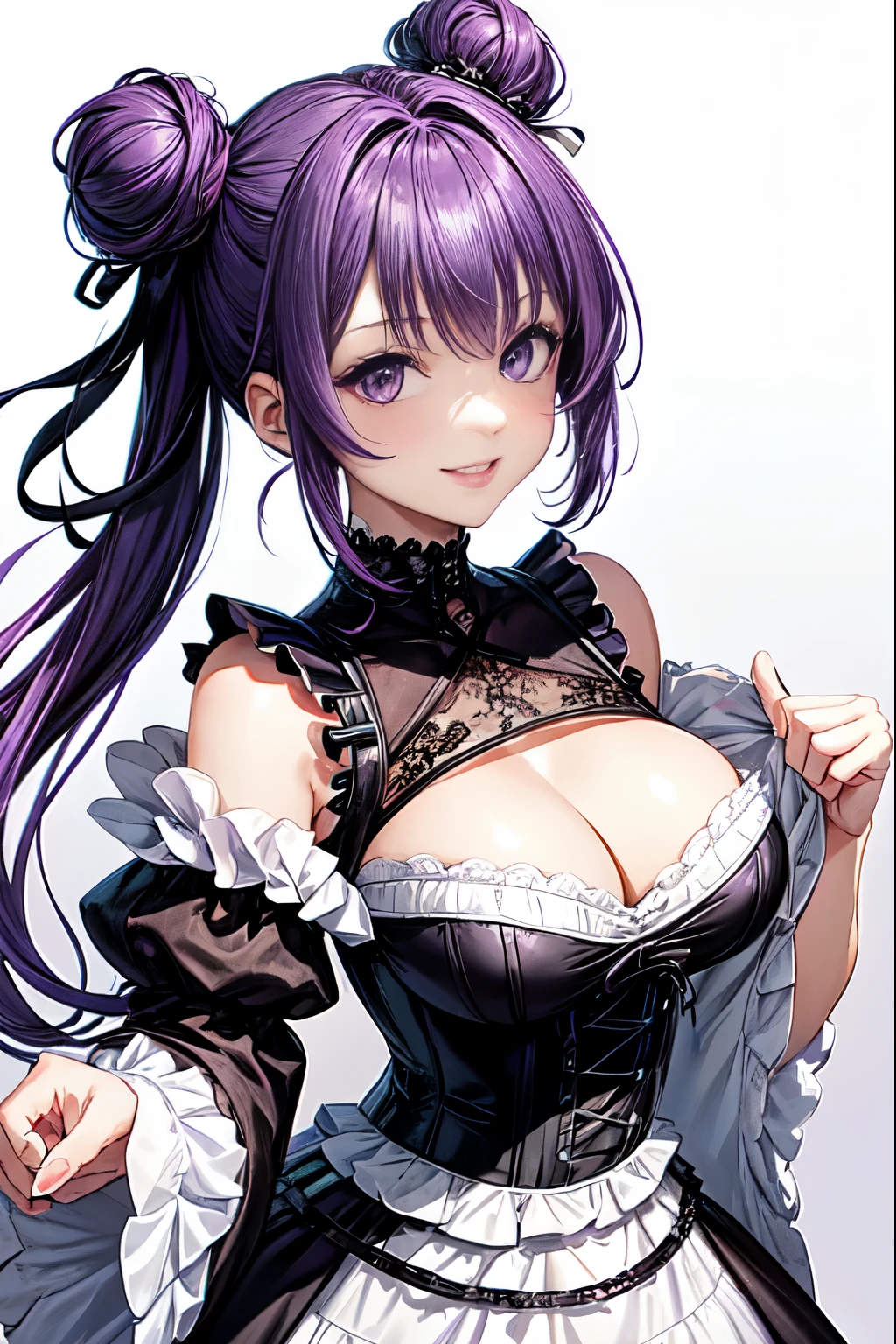 a woman has purple hair wearing a black and white outfit and a white lace corset and black shoes, 1girl, purple hair, breasts, clothing cutout, cleavage cutout, purple eyes, cleavage, double bun, white background, looking at viewer, solo, hair bun, smile, upper body