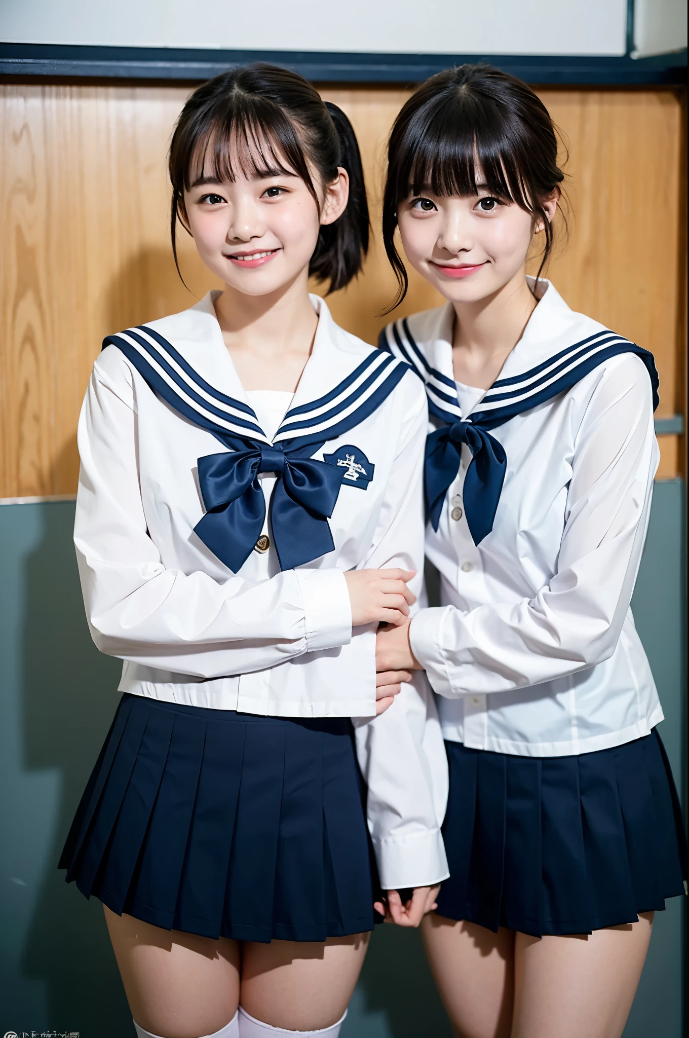 2 girls in school classroom,navy blue long-sleeved shirt with sailor collar,navy blue pleated skirt,red bow tie,white panties,18-year-old,bangs,a little smile,thighs,knees,short cut hair,low ponytail,from below,front-lighting