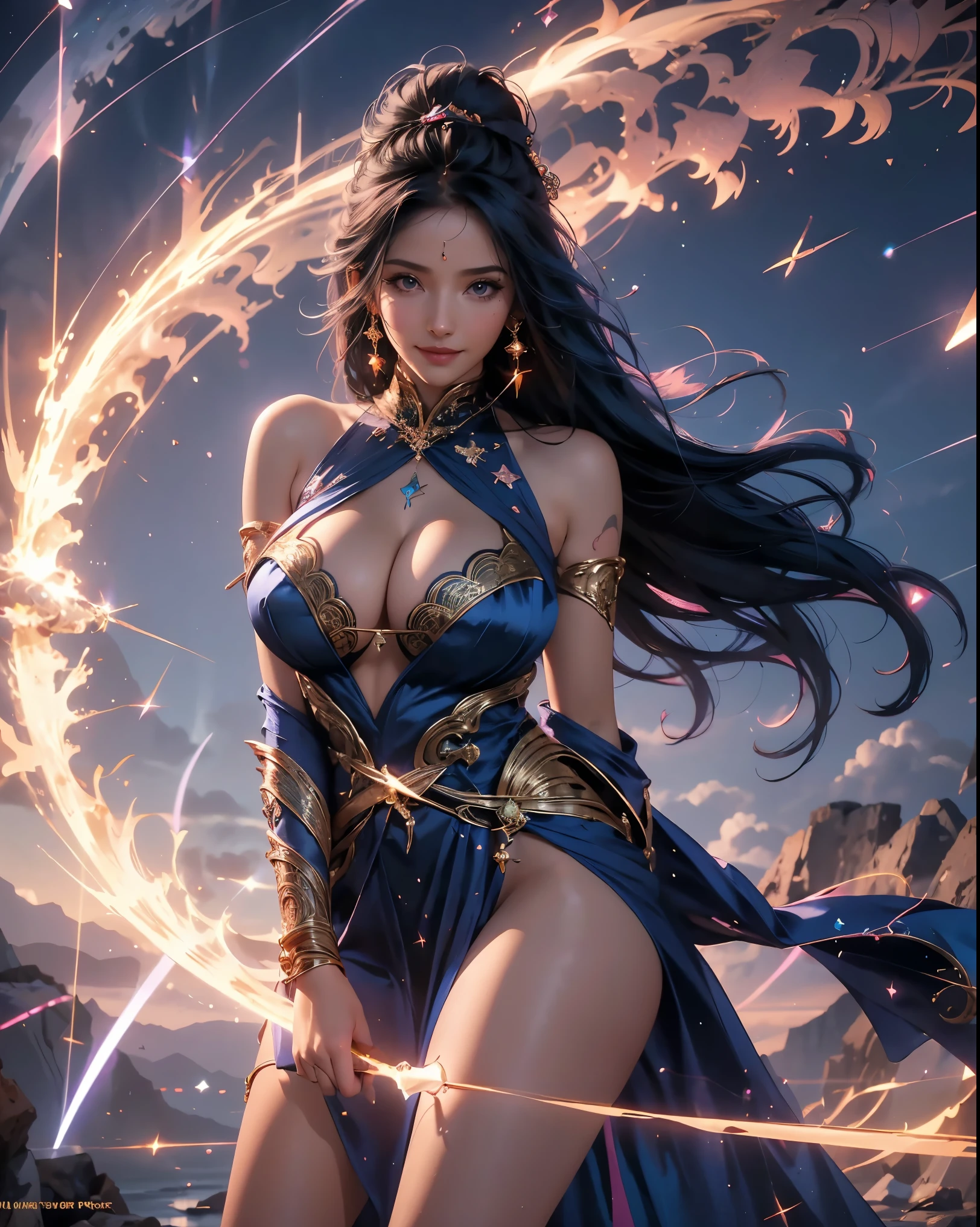 a sexy woman swinging in sky, sorceress, wearing a silk tight dress, fashion, wearing ornate silk clothes, sexy huge breasts, cleavage, sexy pose, smiley face, smile on face, wind sorcerer, sorcerer, mehndi patterns, lovely  princess, hippie fashion, maya ali wind sorcerer.