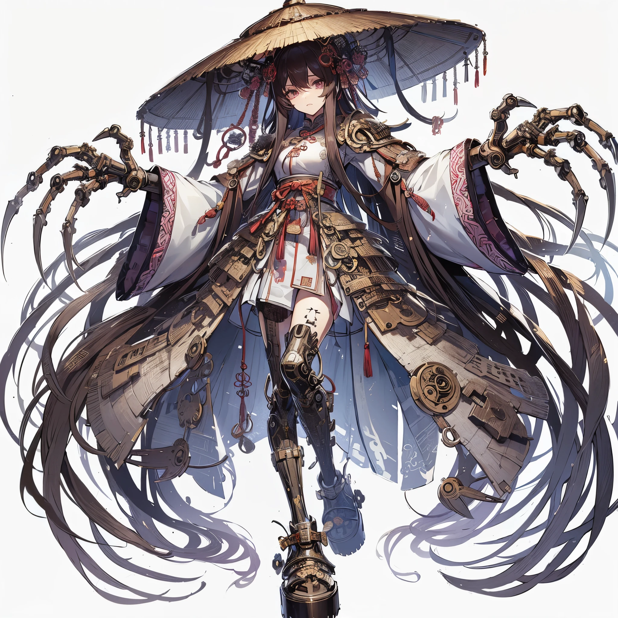 
(Masterpiece, best quality), (perfect athlete body: 1.2), (detailed hair), super detailed, anime style, full body, cyber punk jiang shi girl, Chinese Daoist dress and hat, very long sleeves, unhealthy skin tone, face with running stitches, mechanical HUGE claws, wearing high clogs, high resolution, digital painting, 8k high resolution, trending art station, white background, whole body.
