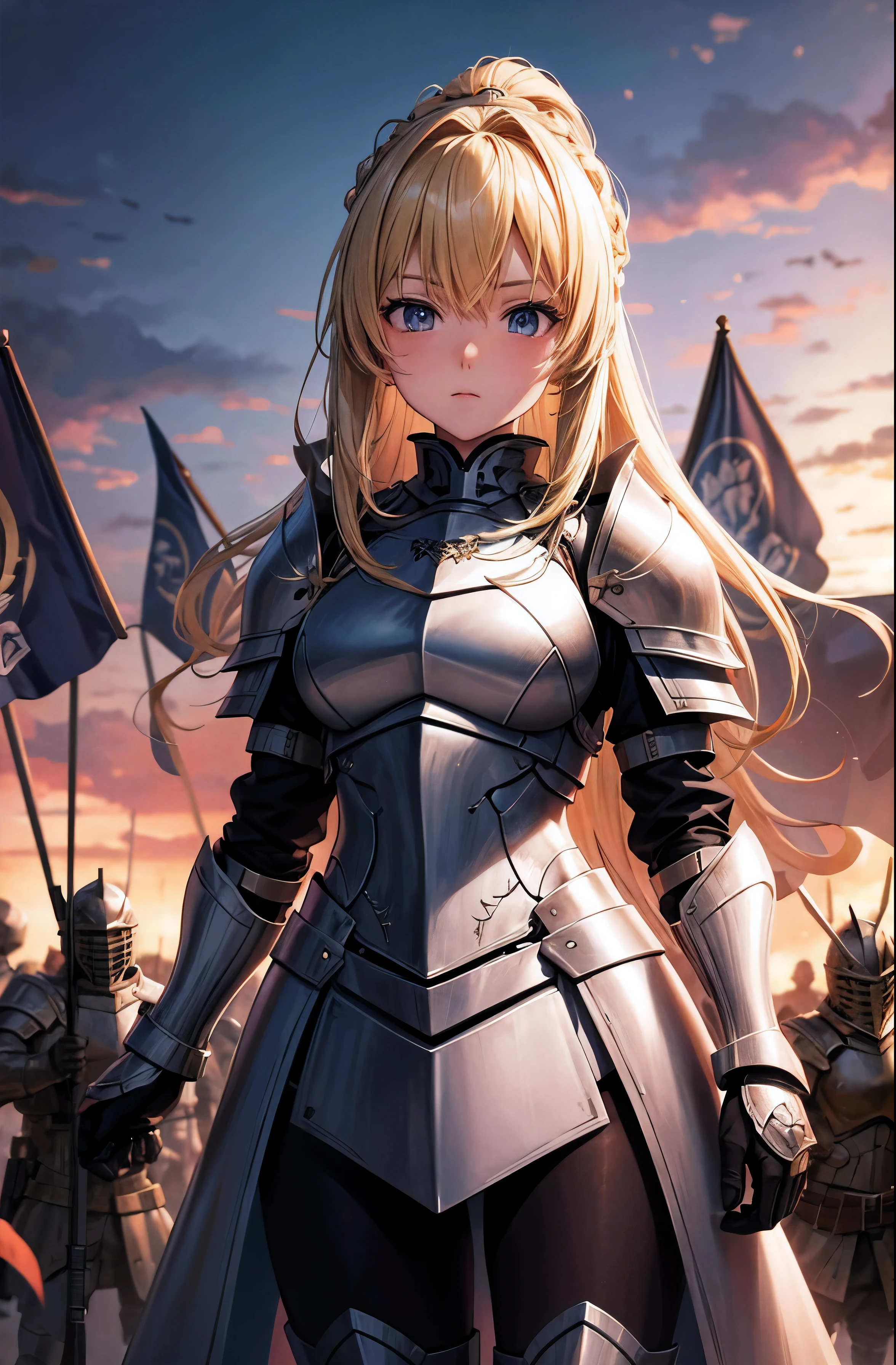 blonde Knight Girl noble warrior armor background There are comrades on the battlefield. backgroundぼかし 4K genuine the girl is ordering her friend