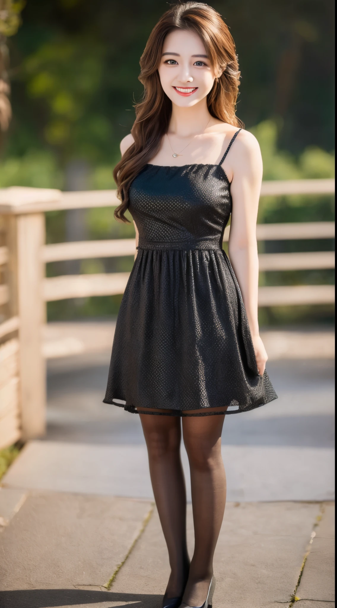 (highest quality, 8K, masterpiece: 1.3), beautiful woman with perfect figure: 1.2, dark brown hair, wearing a pendant, strapless dress、elegant long dress、super realistic pantyhose:1.3, (very affectionate smile:1.2)、 highly detailed face and skin, fine eyes, double eyelid,  ((full body shot:1.5))、