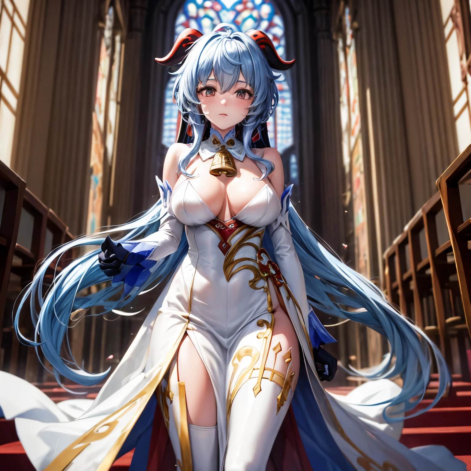 Ganyu standing in the middle of the church wearing a long wedding dress with big breasts