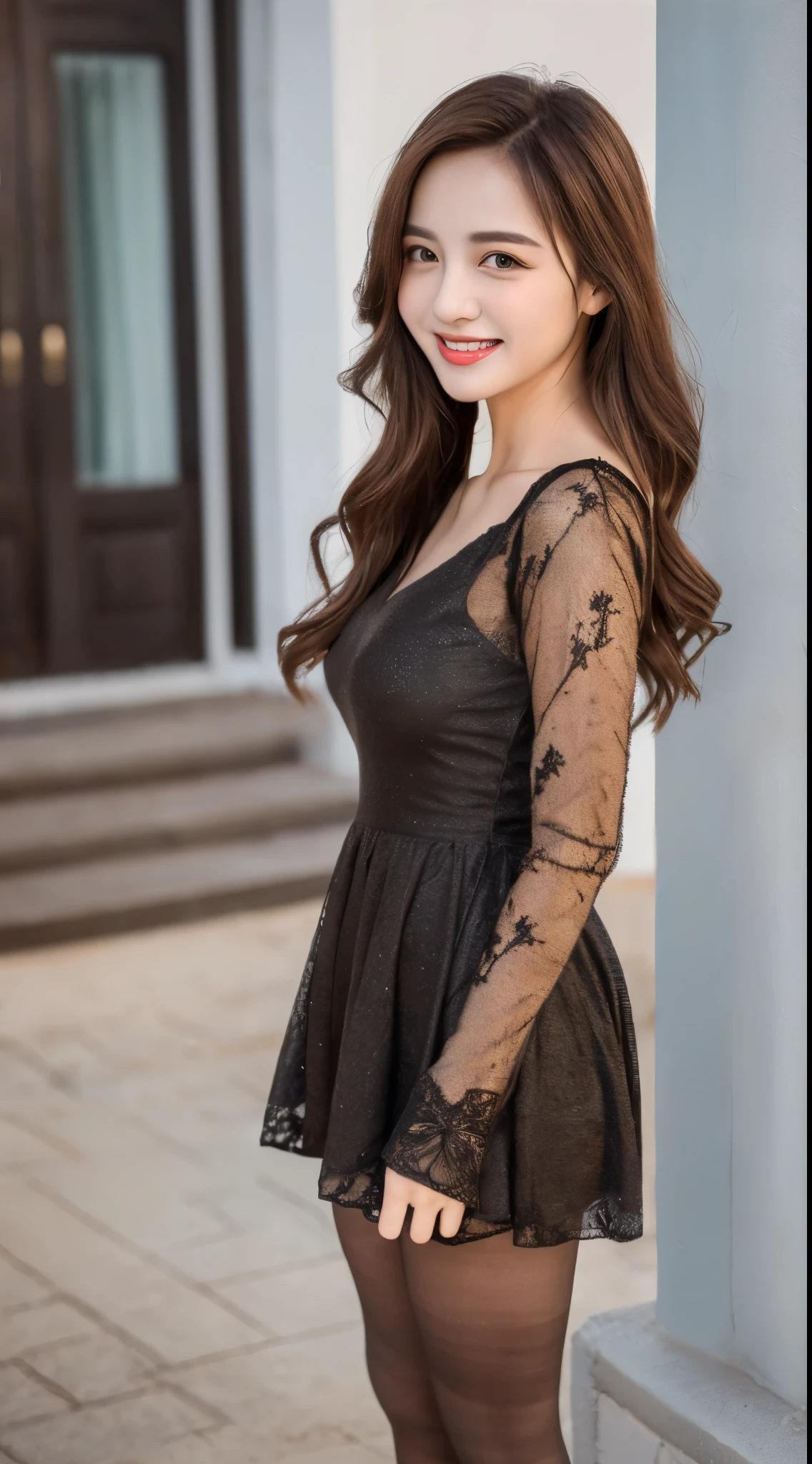 (highest quality, 8K, masterpiece: 1.3), beautiful woman with perfect figure: 1.2, dark brown hair, wearing a pendant, strapless、elegant long dress、(very affectionate smile:1.2)、 highly detailed face and skin, fine eyes, double eyelid,  ((full body shot:1.3))、