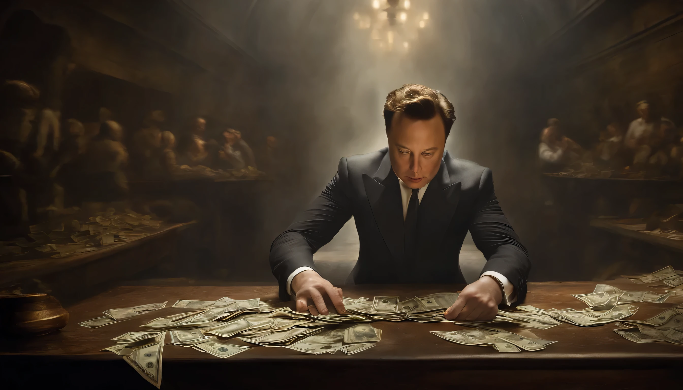 Elon Musk lutando por dinheiro, oil painting, Pinceladas duras, dramatic lighting, intense expression, olhos determinados, segurar punhos, suor escorrendo pelo rosto, terno enrugado, Correntes quebradas, Crumbling dollar bills, Chart of the crumbling stock market, Smoke rises in the background, preto e branco com um toque de ouro, realismo. (melhor qualidade, high resolution, ultra-detalhado), (realista:1.37), profissional, cores vivas.
