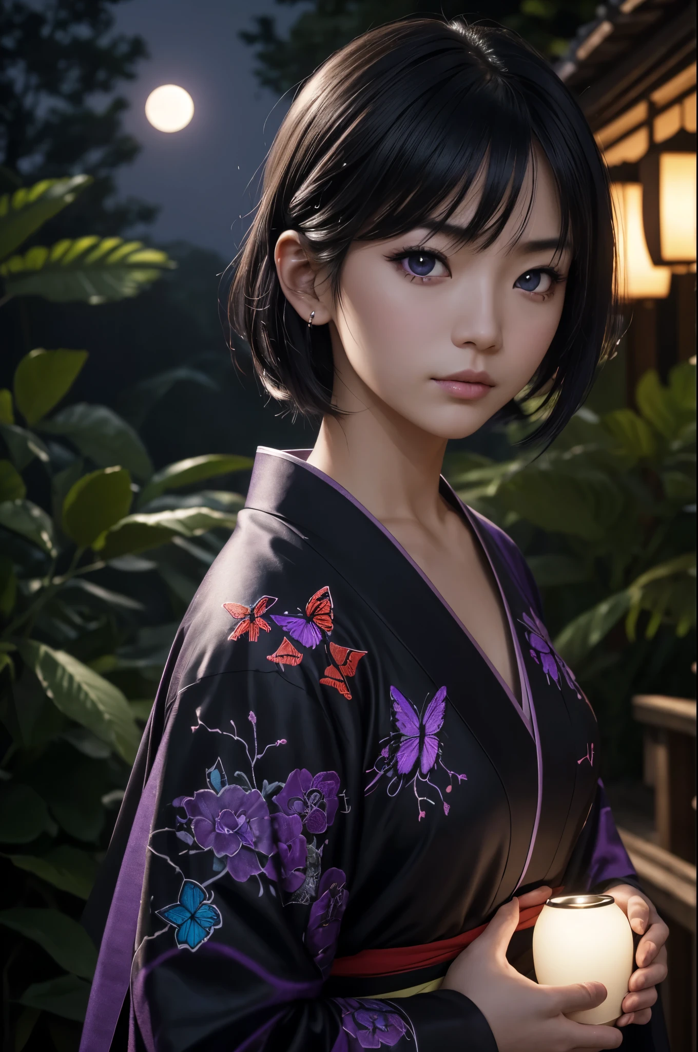 8K,Woman in Japan traditional costume,(dark shot:1.4), 80mm, (dark shot:1.4), 80mm, epic real, Big eyes,Black hair short bob hair,black and purple butterfly hair ornament,black kimono and red obi,black and purple butterfly pattern(Precise butterfly embroidery),purple eyes(purple effect),range murata, wonderful, matted, paul gauguin, art,soft cinematic light, adobe lightroom, photo lab, HDR, 複雑で非常にdetailed, (Depth of bounds written:1.4), (dark shot:1.22), Neutral Color, (HDR:1.4), (calm colors:1.4), (Complex), (artステーション:1.2), 超detailedな, dramatic, Complex細部, (technicolor:0.9), (rutkowski:0.8), cinematic, detailed, soft light, sharp, exposure blend, medium shot, Bokeh, (HDR:1.4), high contrast, (cinematic, teal and orange:0.85), (calm colors, dim color, calm colors調:1.3), low saturation, (超detailedな:1.2), (:0.4), soft light, sharp, exposure blend、medium shot、Bokeh、(HDR:1.4)、high contrast、low saturation、(hyper detail:1.2)、(:0.4)、(Complex細部:1.12)、HDR、(Complex細部、hyper detail:1.15)Photorealistic RAW photos of the highest quality。Bright colors,rich colors, Backlight, cinematic lighting, film grain, to be born, 50mm lens, Nikon D850,realistic skin,ファンタジーart,キャラクターart,ultra high resolution,realistic skin,sunset,Lots of poses,muscular slim body,verandah of a large mansion,in the forest,超realistic skin,full moon,late night,