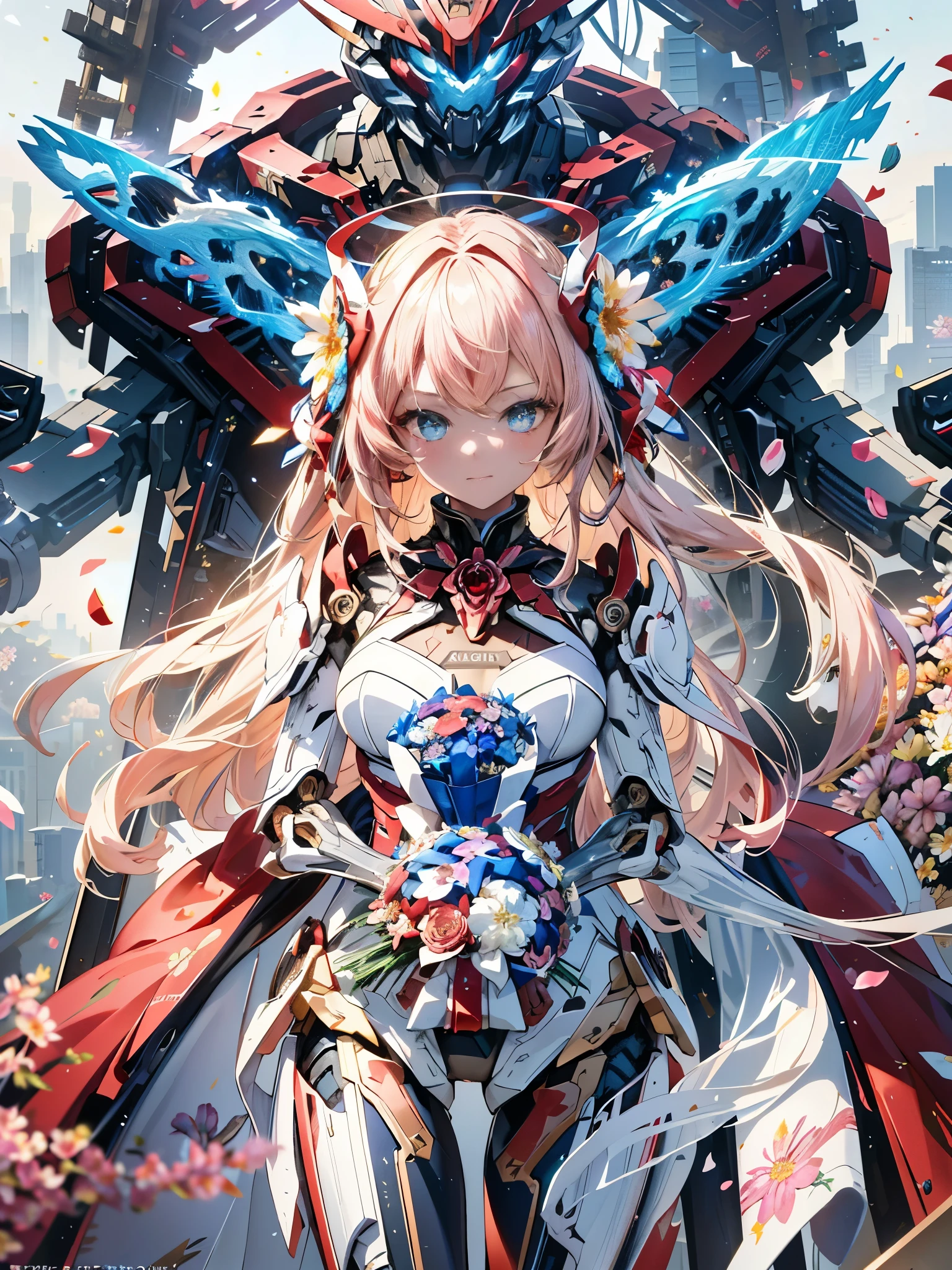 masterpiece,highest quality,super detailed,very detailedイラスト,very detailed,intricate details,High resolution,超intricate details,very detailed 8k cg wallpaper,cowboy shot, caustics,reflection,ray tracing,demo theme,nebula,(Brave hero based on red, blue and white)、Combined robot image、cyber effect, (1 girl:1.4),alone,alone,mecha musume,mechanical parts, robot joints,single mechanical arm, headgear, mechanical harrow,Star Halo,Intricate mechanical bodysuit in wine red, mech corset, full armor, hair between eyes, golden hair, colored inner hair, Blue eyes,glowing eyes,(Holding a bouquet filled with beautiful flowers、give me a present:1.7)parade、Japan architecture, starry sky,skyline,