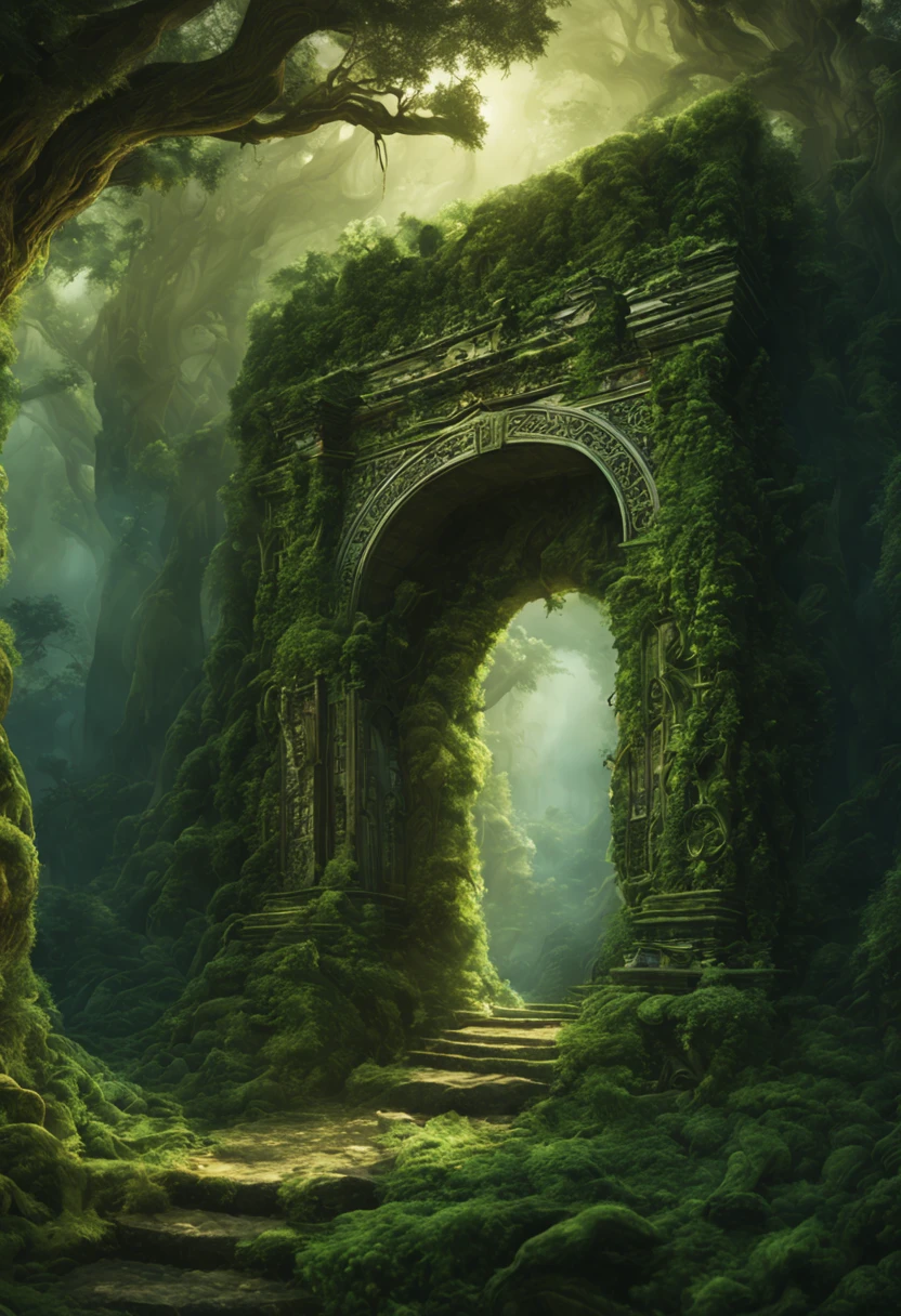   Lost History The Gate of Time and Space carries the Forgotten History，Take you back to ancient times，Explore a lost secret with an arched entrance to a carved stone fantasy world with intricate tangles of green vines、The art of entanglement is unpredictable and full of mystery. The forgotten gate of time and space connects the ancient gods to the magical world. The complex design and the mysterious mist.,Emitting a dim light, the portal of time and space carries mystery and unknown，Make you an explorer，Unveiling the veil of history，Explore an unknown world of otherworldly intricacies, 8k, Ultra high detail, masterpiece