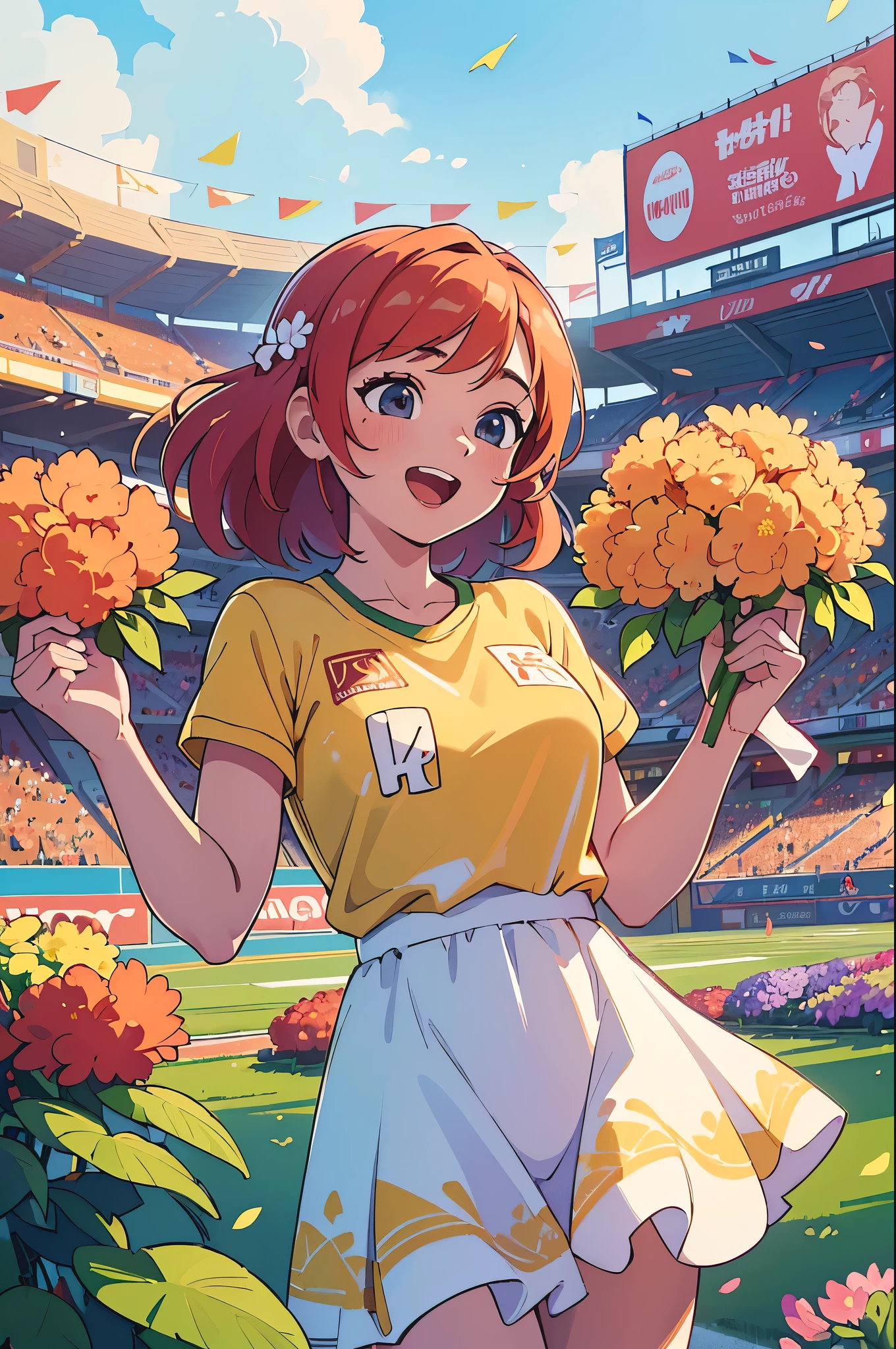 (best quality,4K,8k,high resolution,masterpiece:1.2),Super detailed,(actual,photoactual,photo-actual:1.37),energetic,Full of energy,volunteer,floating dress,sun,stadio,cheering scene,celebration ceremony,flowers,azalea,illustration,painting style,bright colors,sunlight,happy atmosphere