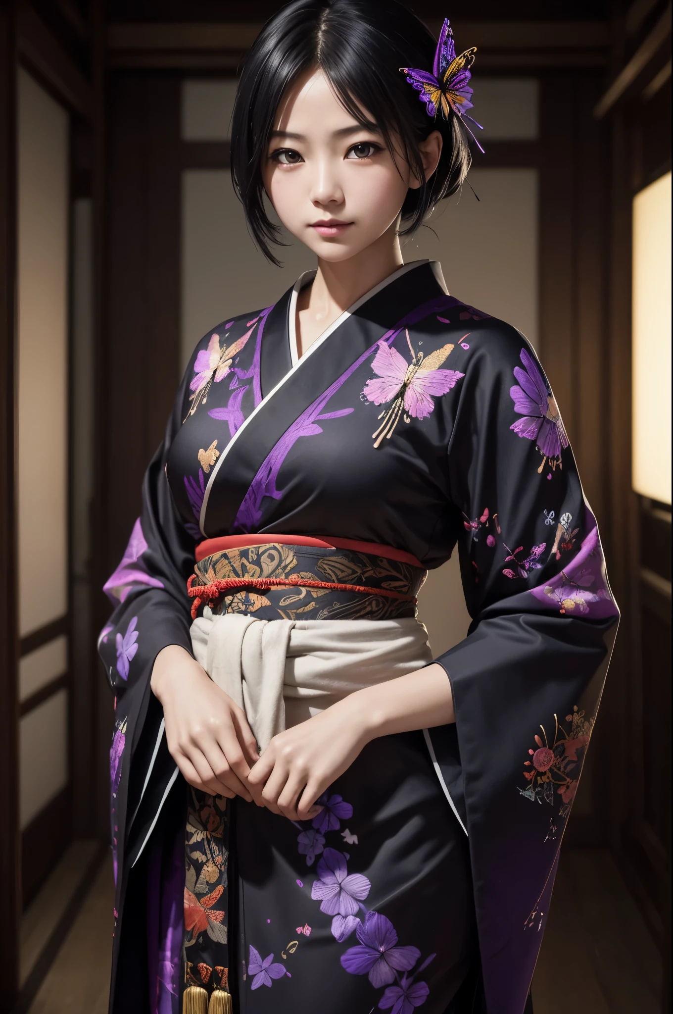 8K,Woman in Japan traditional costume,(dark shot:1.4), 80mm, (dark shot:1.4), 80mm, epic real, Big eyes,Black hair short bob hair,black and purple butterfly hair ornament,black kimono and red obi,black and purple butterfly pattern(Precise butterfly embroidery),purple eyes(purple effect),range murata, wonderful, matted, paul gauguin, art,soft cinematic light, adobe lightroom, photo lab, HDR, 複雑で非常にdetailed, (Depth of bounds written:1.4), (dark shot:1.22), Neutral Color, (HDR:1.4), (calm colors:1.4), (Complex), (artステーション:1.2), 超detailedな, dramatic, Complex細部, (technicolor:0.9), (rutkowski:0.8), cinematic, detailed, soft light, sharp, exposure blend, medium shot, Bokeh, (HDR:1.4), high contrast, (cinematic, teal and orange:0.85), (calm colors, dim color, calm colors調:1.3), low saturation, (超detailedな:1.2), (:0.4), soft light, sharp, exposure blend、medium shot、Bokeh、(HDR:1.4)、high contrast、low saturation、(hyper detail:1.2)、(:0.4)、(Complex細部:1.12)、HDR、(Complex細部、hyper detail:1.15)Photorealistic RAW photos of the highest quality。Bright colors,rich colors, Backlight, cinematic lighting, film grain, to be born, 50mm lens, Nikon D850,realistic skin,ファンタジーart,キャラクターart,ultra high resolution,realistic skin,sunset,Lots of poses,muscular slim body,verandah of a large mansion,in the forest,超realistic skin,full moon,late night,