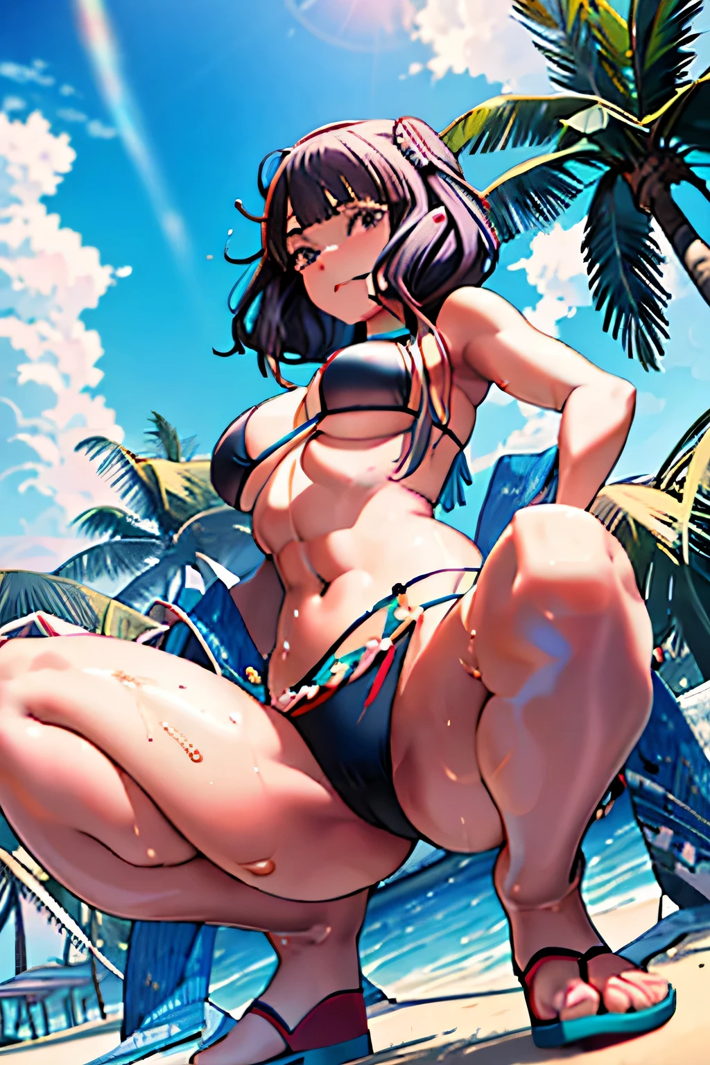 anime girl in bikini sitting on a beach with palm trees, seductive anime girl, extremely detailed types of bacteria, beautiful and attractive anime woman, realistic bikini, beautiful anime girl, beautiful anime girl squatting, Beautiful charming anime teen, up to the model | types of bacteria, (anime girl), Smooth anime CG art, attractive anime girl, beautiful anime woman