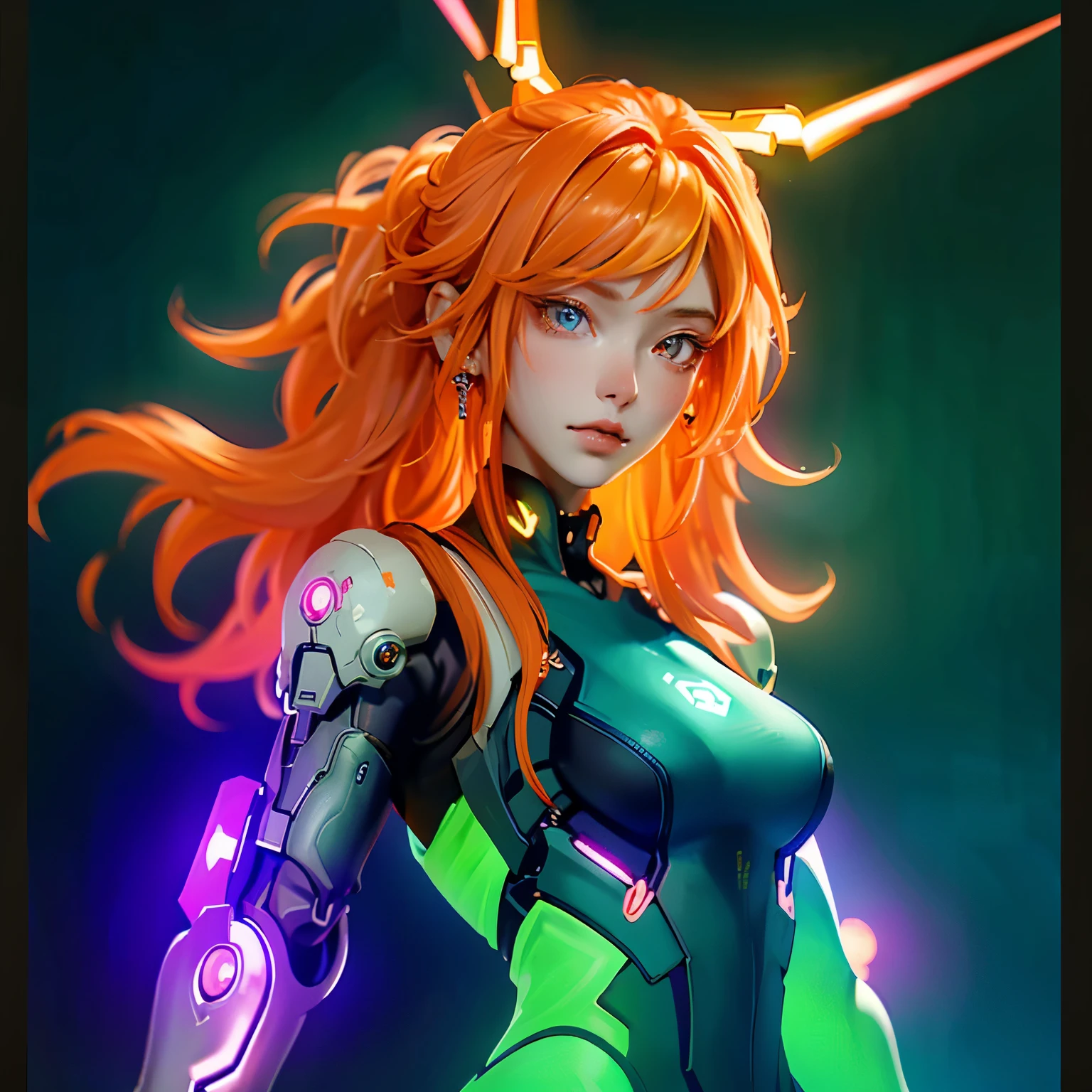 (SFW), intricate details, 1 woman, night, (bright neon colors),
Fly over the cyberpunk city of the future,
The woman's figure is illuminated by the vibrant neon lights, a detailed and intricately designed little cyborg girl,
Her cute perfect face is accentuated by bright red eyes,
Her complete anatomy is showcased in the detailed ribless bodysuit,
Shoulder armor adds to her cybernetic look,
Ridiculously long gradient orange and white hair flows in the wind,
Dynamic angle reveals her cybernetic limbs,
Detailed background showcases the bustling city with flying cars and flashing signs