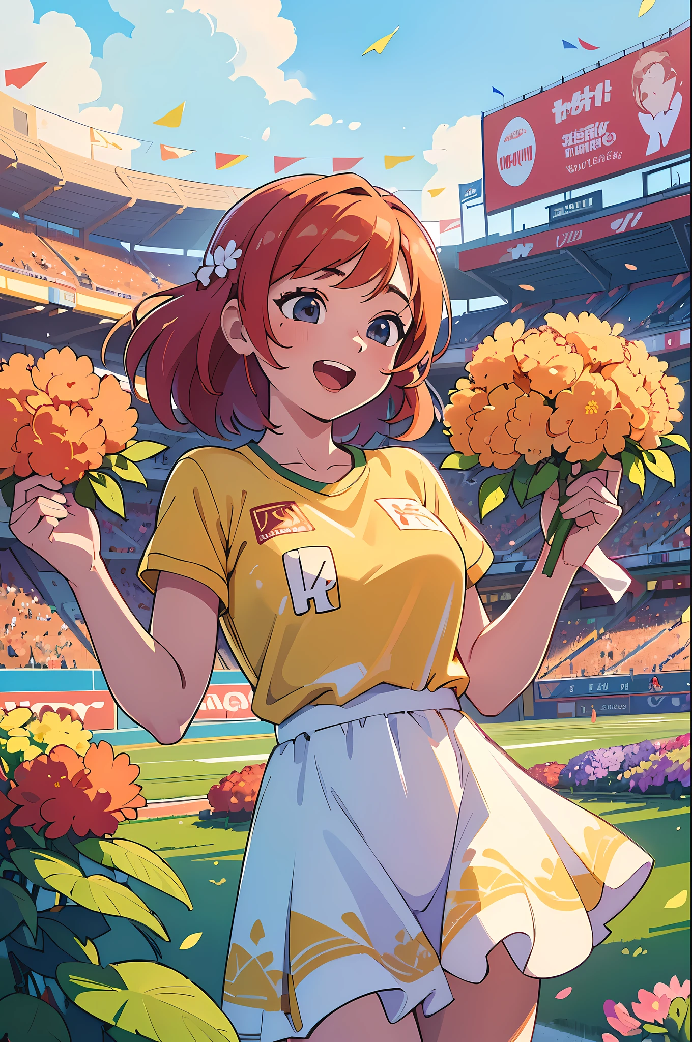 (best quality,4K,8k,high resolution,masterpiece:1.2),super detailed,(actual,photoactual,photo-actual:1.37),Full of energy,Energetic,volunteer,flowing skirt,sun,stadio,cheering scene,celebration ceremony,flowers,Yingshan Red,illustration,painting style,bright colors,sunlight,happy atmosphere