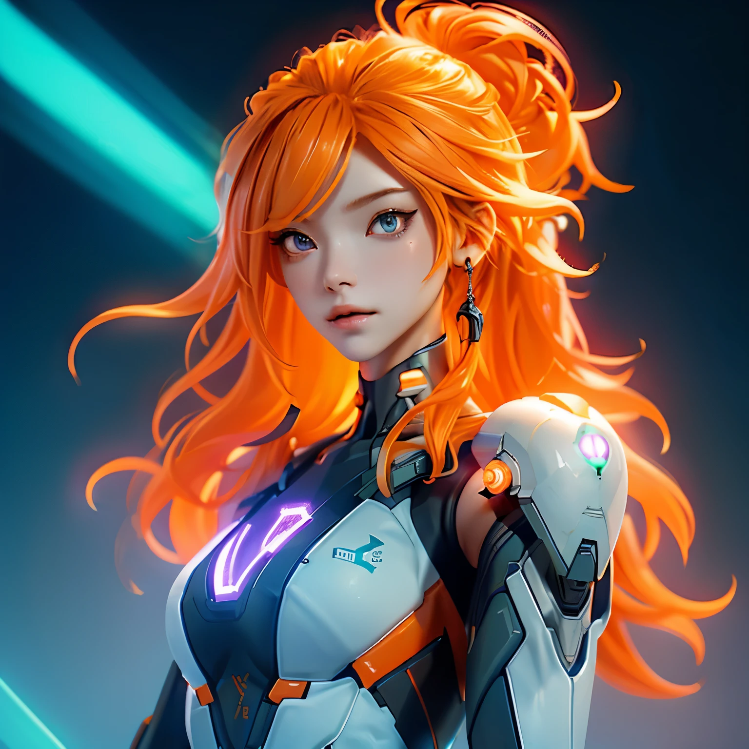 (SFW), intricate details, 1 woman, night, (bright neon colors),
Fly over the cyberpunk city of the future,
The woman's figure is illuminated by the vibrant neon lights, a detailed and intricately designed little cyborg girl,
Her cute perfect face is accentuated by bright red eyes,
Her complete anatomy is showcased in the detailed ribless bodysuit,
Shoulder armor adds to her cybernetic look,
Ridiculously long gradient orange and white hair flows in the wind,
Dynamic angle reveals her cybernetic limbs,
Detailed background showcases the bustling city with flying cars and flashing signs