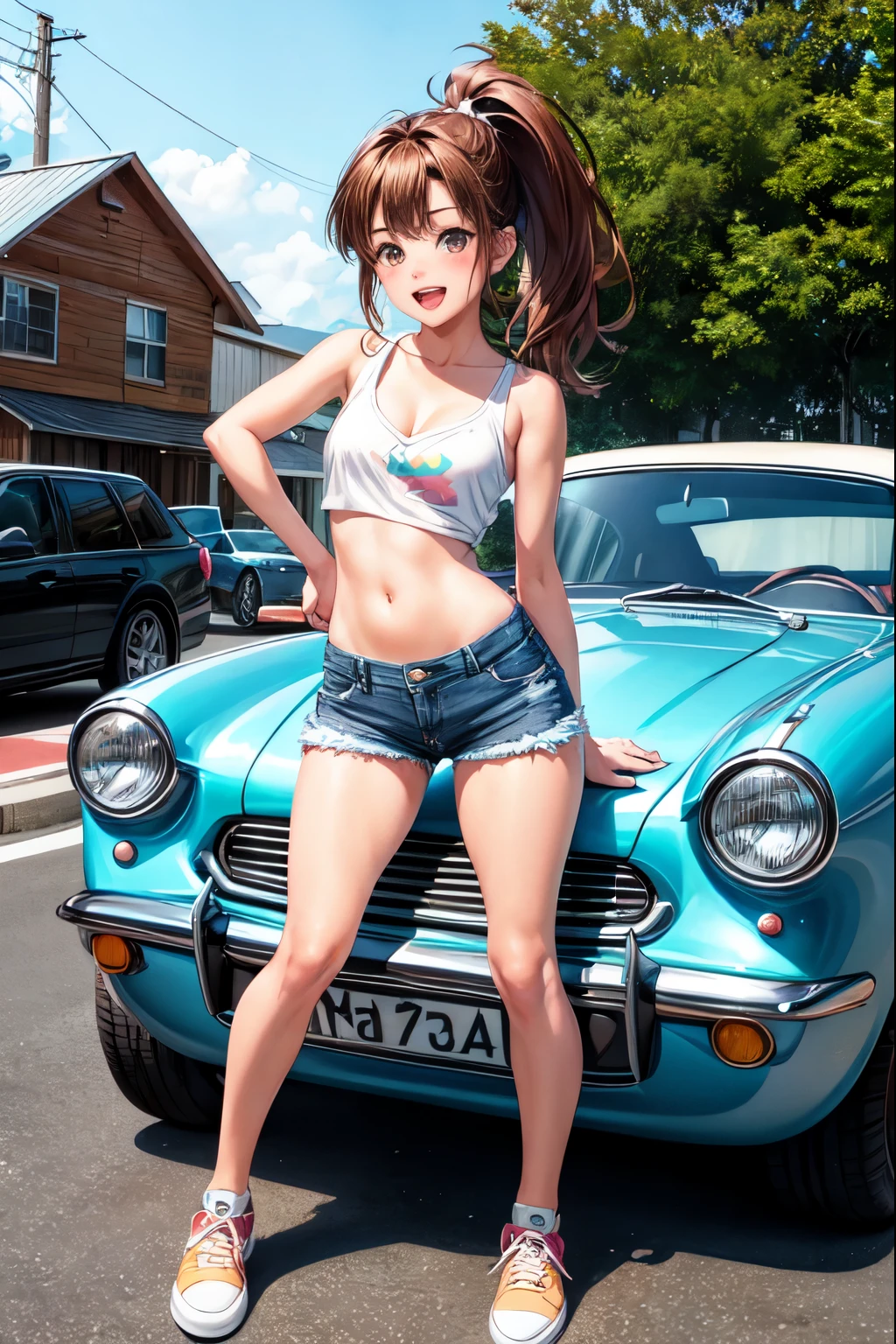 (masterpiece, best quality), 2girls, young , (skinny:1.5), ((two women in front of a car:1.3)), vibrant colors, bright, white, watercolor, (small breats:1.2), ((small ass:1.3)), (naked:1.4), (very small sexy t-shirt top:1.5), (oiled:1.5), (front view:1.4), ((sitting:1.4))