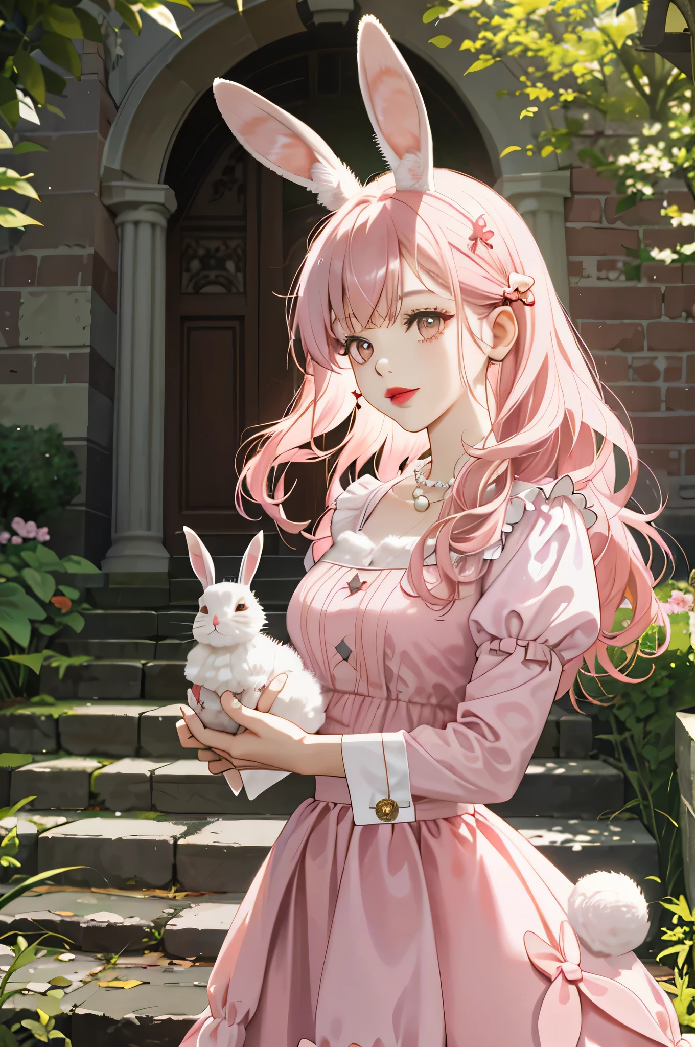 alone, garden, castle steps, depth of field, sweet girl, ((Holding the rabbit)), Long pink wavy hair,Wearing rabbit ears with bangs, dark brown eyes, red lips, Light pink skirt, Butterfly hairpins, pearl necklace, Big deal_climaxing