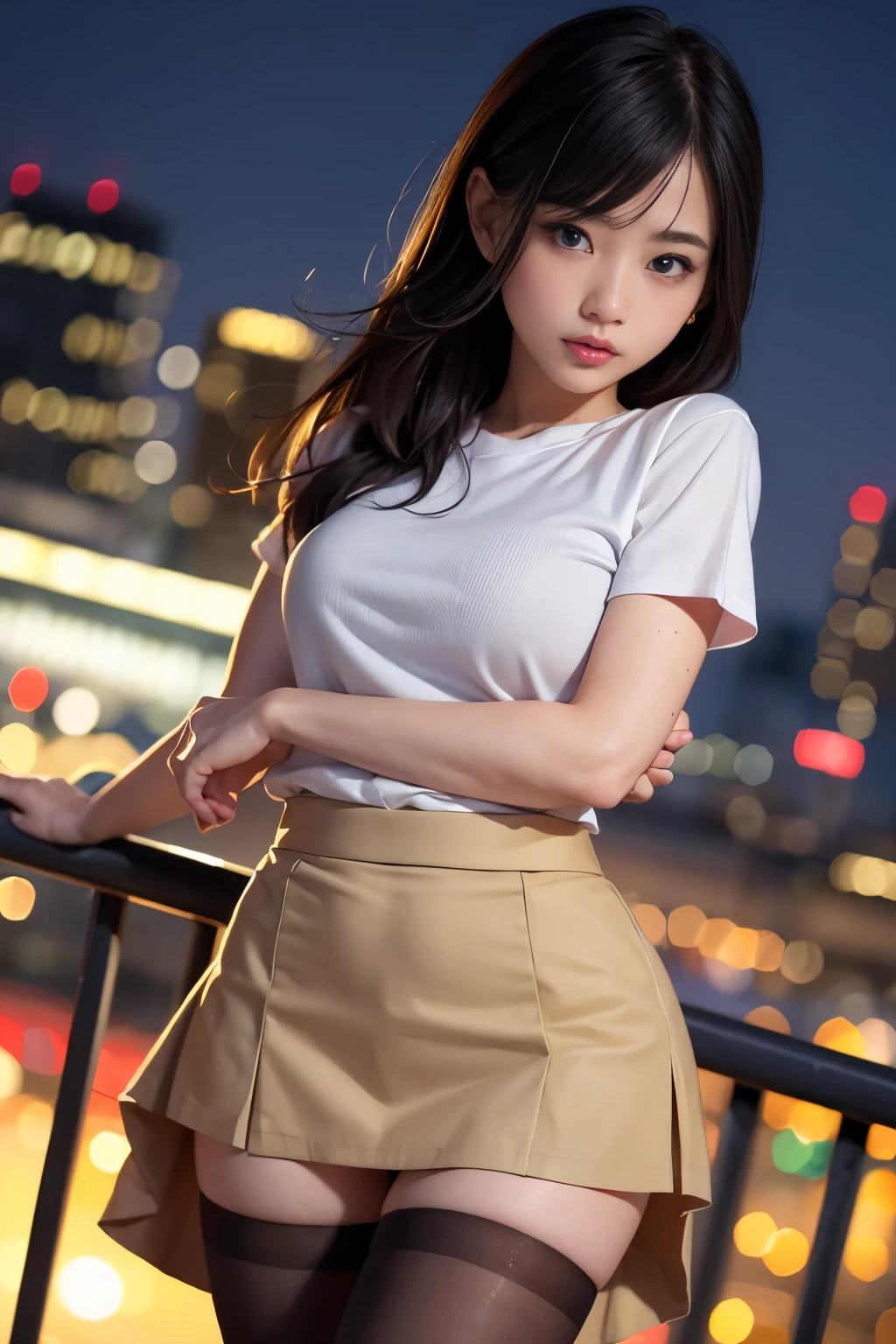 1 girl、(looking at the viewer)、(Bokeh:1.1)、parted lips、Expressionless、realistic、tights、skirt、skyline、realistic、アップskirt、skirtリフト、highest quality、masterpiece:1.3、Super high resolution、Angle of view from below:1.25 、close up on panties:1.35、embarrassed look、The background is a night view、(look viewer:1.3)、(beautiful face:1.2)
