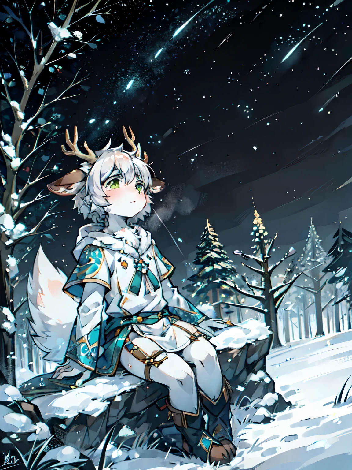 A white deer,green eyes,jaqueta com capuz,antlers,sitting on a rock,starry sky,Brilliant Milky Way,Reach out for the stars,Crystal pupils,Cute Shota,sad,Reach for the sky,Sit outdoors,Green meadow,individual,snow,snow地,Reach for the sky,The sky crosses the shooting stars