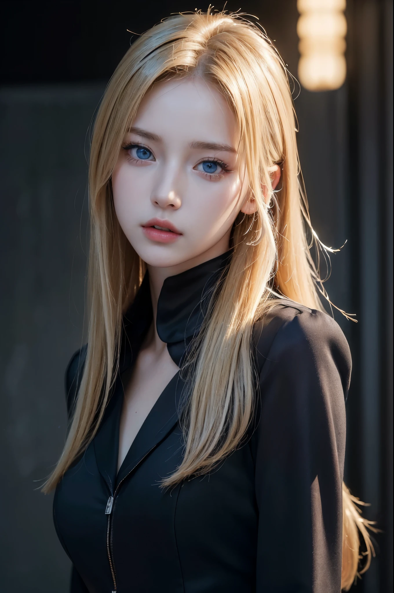 (Masterpiece: 1.3), (8K, Photorealistic, Raw-Photo, Best Quality: 1.4), Best quality, masterpiece, ultra high res, (photorealistic:1.4), raw photo, 1girl, charming Russian model Nata Lee, light blonde hair, blue eyes, detailed eyes and face, black suit, dynamic lighting, in the dark, deep shadow, low key, cowboy shot full-length body.