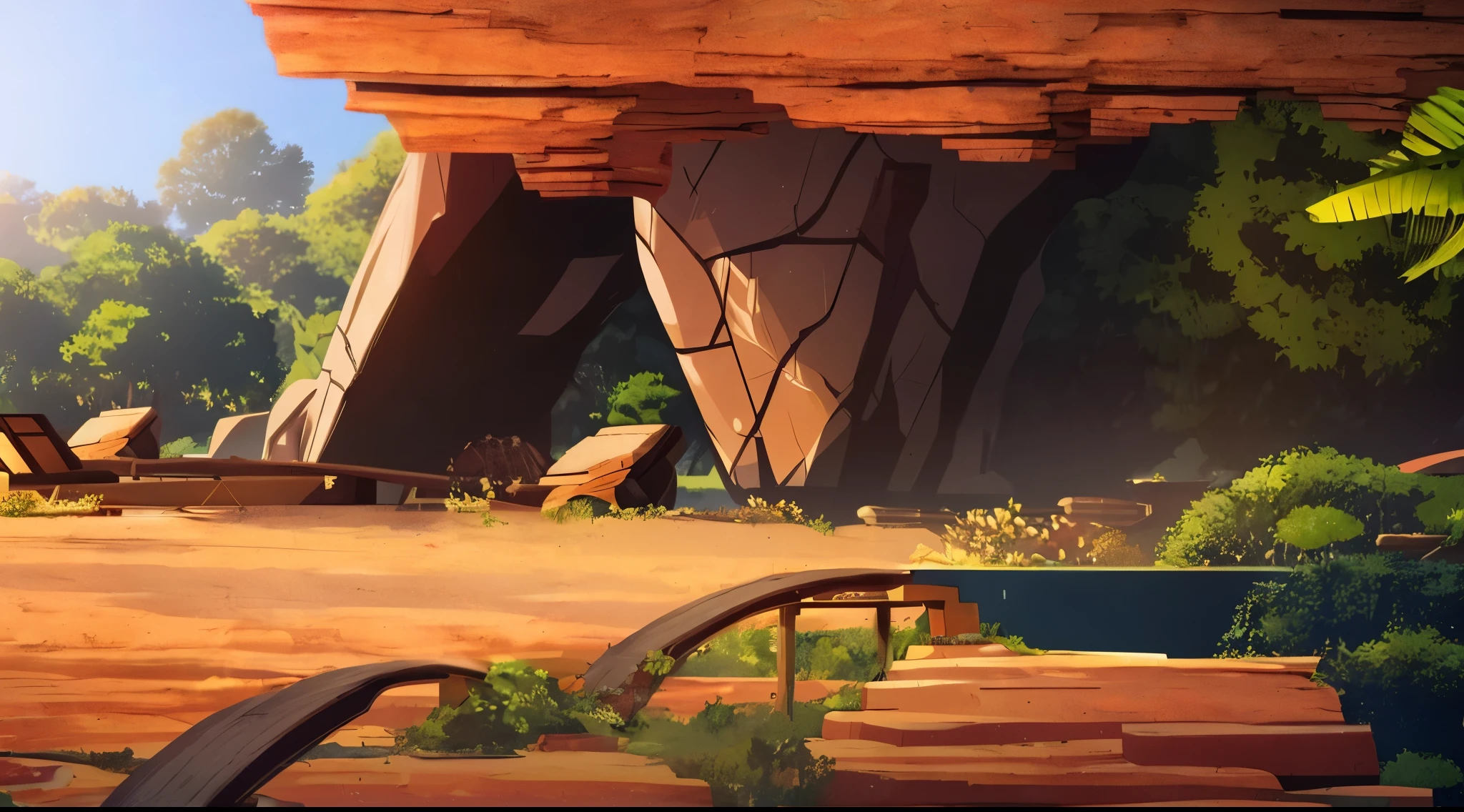 There is a horizontal platform of a mystical cave in a concept art for a 2D game, arte conceitual, paisagem horizonal, jogo de plataforma 2d, Plataformas :1.2, (obra prima),(melhor qualidade), 8k, dynamic light, dynamic shadows, Videogame