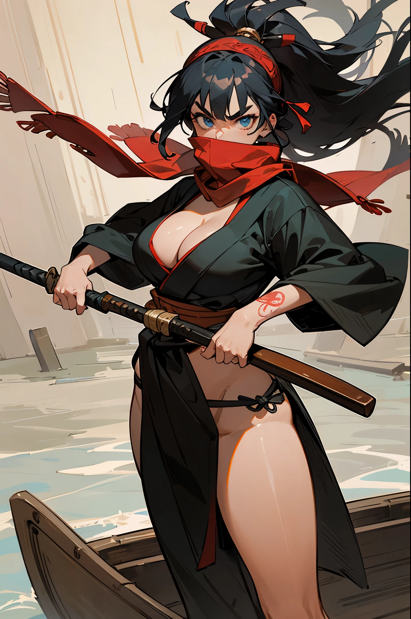 (masterpiece:1.4),very quality,extremely hyghres resolution,ultra-detailed,intricate detailed face and eyes,intricate line,delicate drawing1girl, solo, breasts, looking at viewer, blue eyes, black hair, hair ornament, holding, weapon, japanese clothes, kimono, holding weapon, angry,flowertattoo, mask, traditional media, knife, fighting stance, ninja, marker \(medium\),woman,pirate,standing on a boat,scarf,covered mouth,maritime,Wooden boat,holding a harpoon,Roll up the hem of the kimono and tuck it into the obi,loincloth,thigh,dark skin,black hair,long hair,tattoo,Hachimaki,hair band,Strong body,Brave face, keen eyes,thick eyebrows,thick lips,anger,big breasts,cleavage,holding weapon,harpoon,scarf,