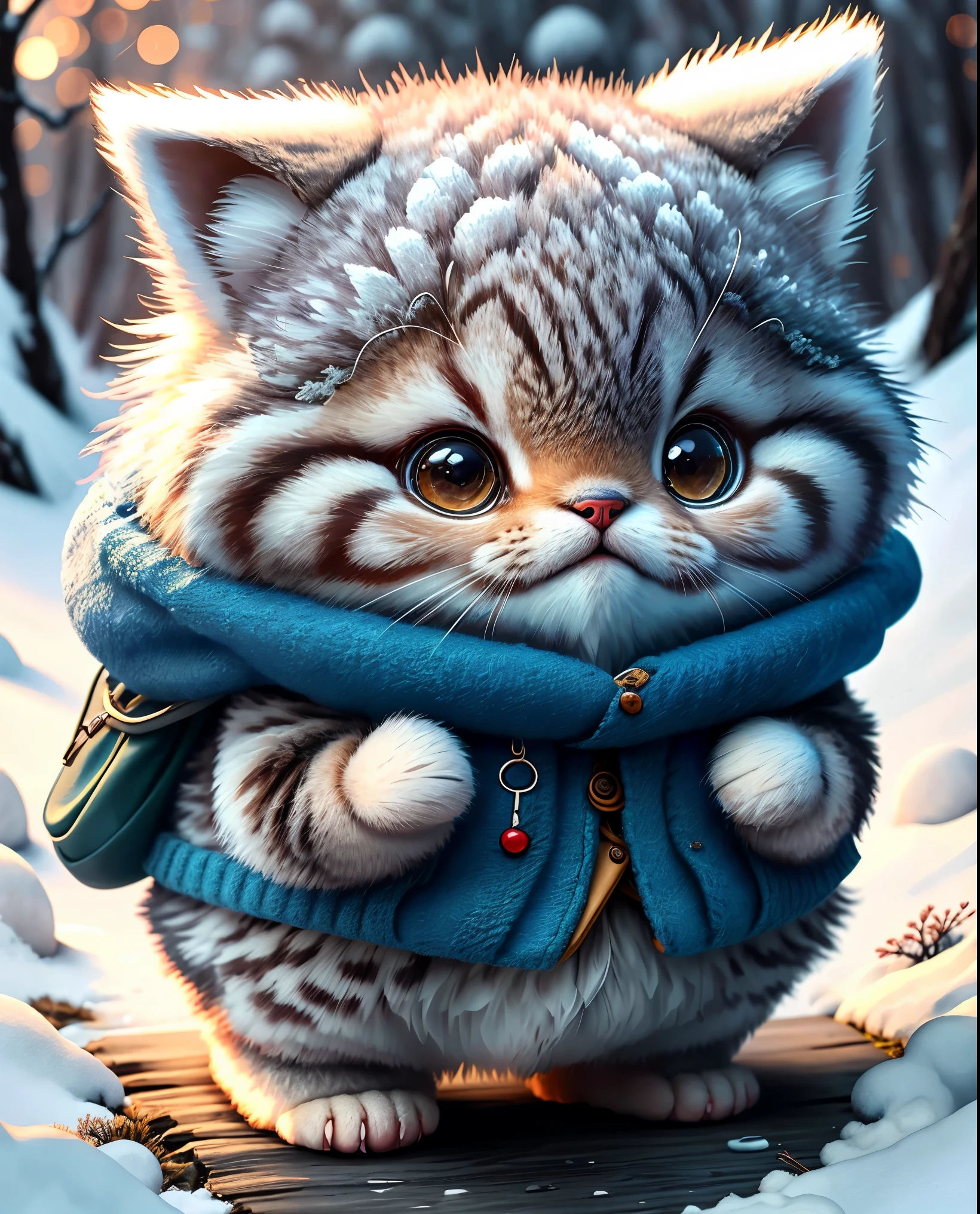 best image quality、"cute生き物の傑作を作成する.、(winter)Manul cat, high detail, In 8K、best image quality、Dressed as an adventurer、Bogan in hand、Video Game Hero Costume、(((cute)))、