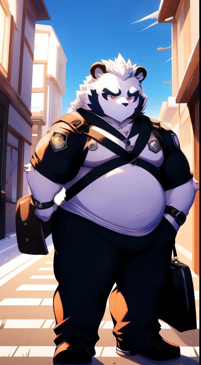 tmasterpiece,Anthropomorphic white panda,male people,26 year old,Thick eyebrows,White hairs,Strong body,large pecs,Tight black police uniform,Exposing the pectoral muscles,medium bulge,Have on the street,patrol,serious-expression,looking toward the viewer,Golden pupils,Strong,Solo,frontage,Full body photo