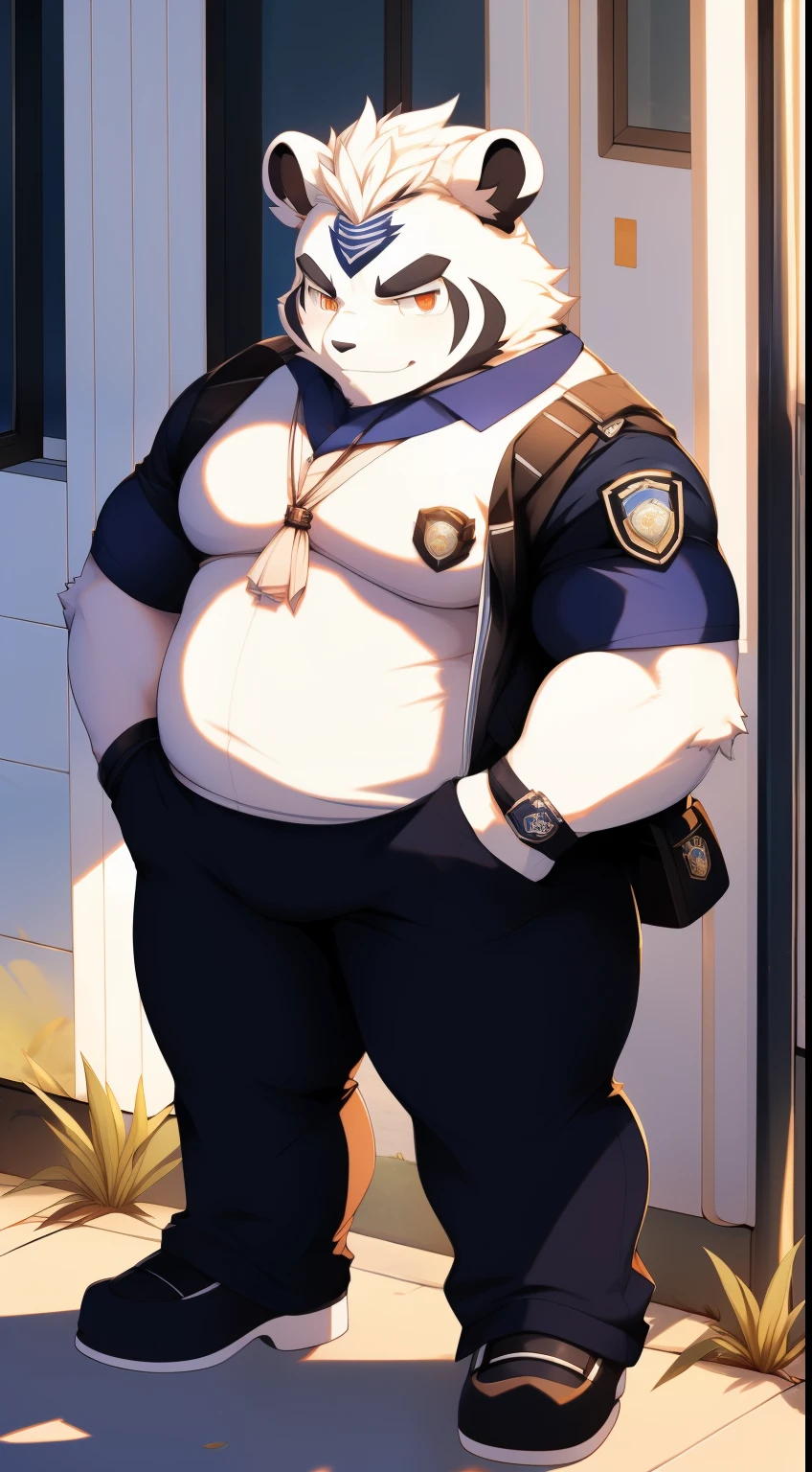 tmasterpiece,Anthropomorphic white panda,male people,26 year old,Thick eyebrows,White hairs,Strong body,large pecs,Tight black police uniform,Exposing the pectoral muscles,medium bulge,Have on the street,patrol,serious-expression,looking toward the viewer,Golden pupils,Strong,Solo,frontage,Full body photo