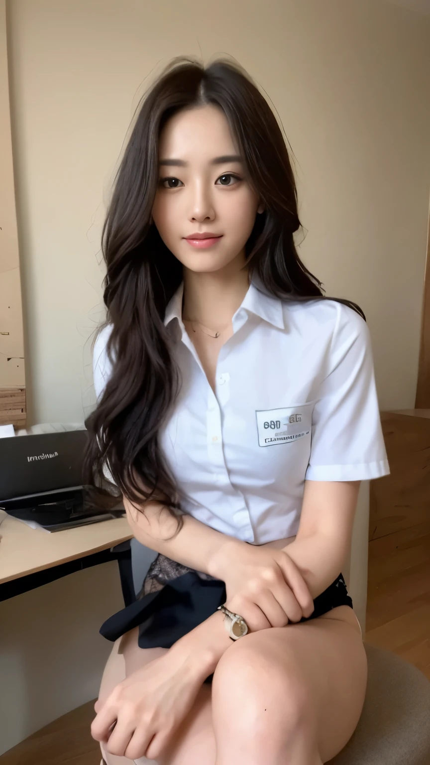 ((top-quality、8k、masterpiece:1.3))、Beautiful woman with perfect body:1.4、slim abdomen:1.2、Longhair, normal breast, Highly detailed facial and skin texture, A detailed eye, delicate eyes, double eyelid, (smile), (full body shot), ((office)), (sitting on the chair), (((wearing working uniform))), looking in front