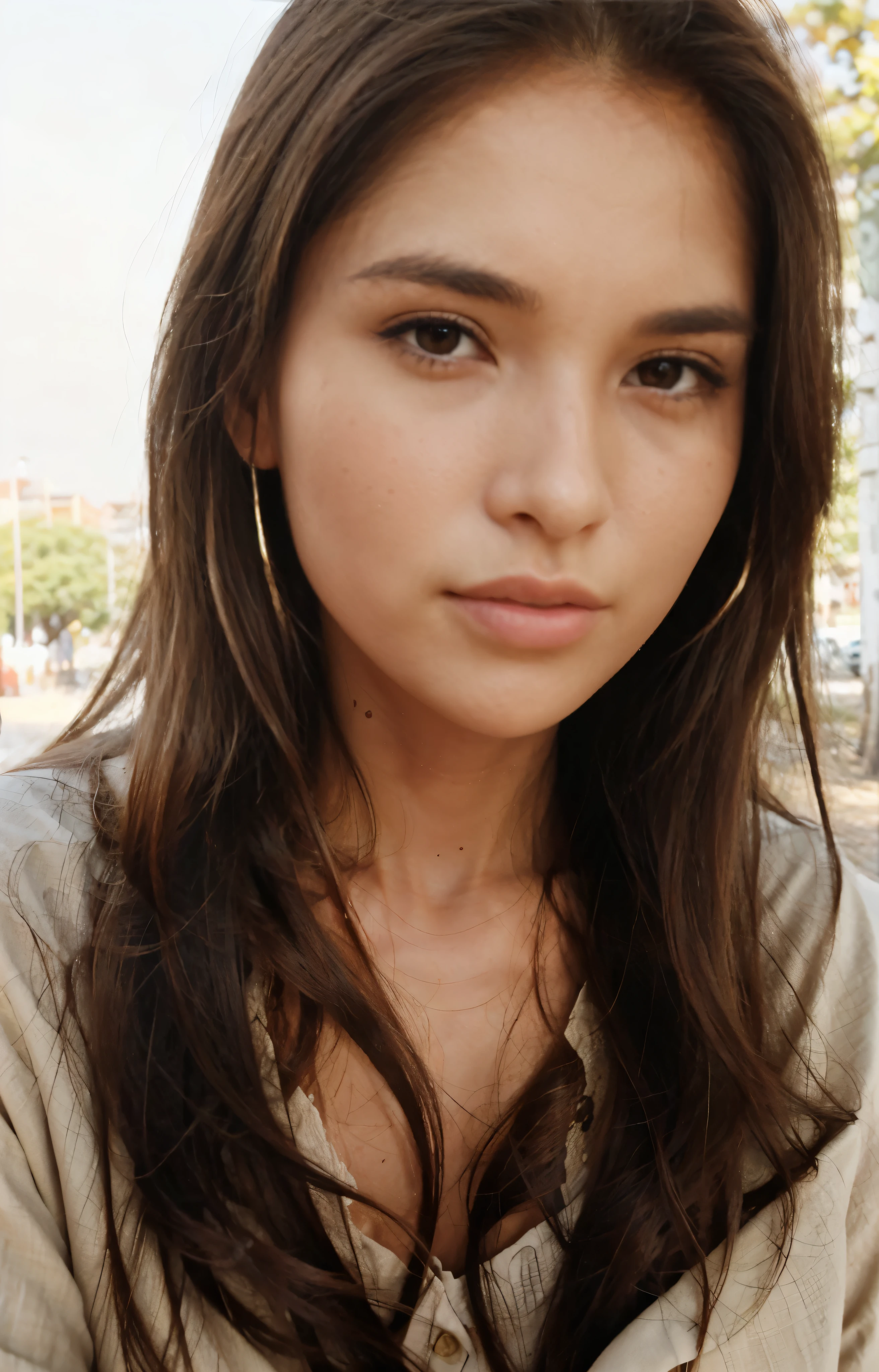 Photo of a 35 year old brunette woman, that  has a very natural face, with a voluptuous body, kissable lips, thin eyes, cheek bones, thin eyebrows, thin nose, tan skin, facing front. She makes a cute selfie in a park in noontime. Instagramable. Filipino genes., No makeup, pout, HD. Casual dress. 5 feet 8 inches tall.