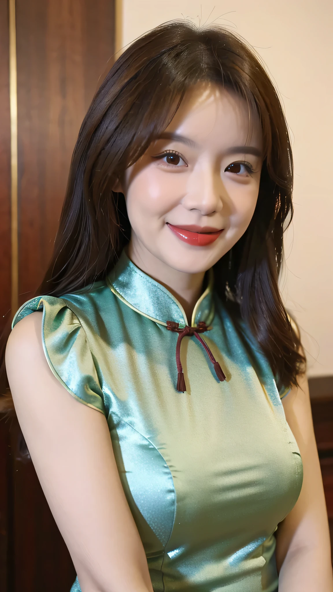 best quality,masterpiece,ultra high resolution,(lifelike:1.4),1 girl, Chinese, cheongsam, dark brown hair, Smile, Relax, comfortable, Chinese background