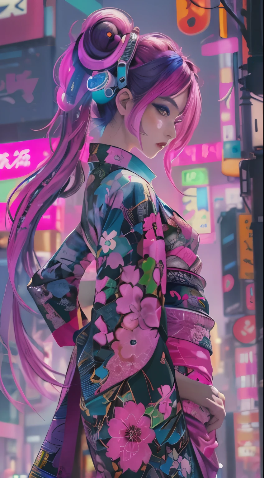 masterpiece, highest quality, Cyberpunk girls, wearing a Japanese kimono, Bold colors and patterns, eye-catching accessories, Trendy and innovative hairstyles, bright makeup, Cyberpunk dazzling cityscape, Pink stands out,skyscraper, neon sign, led lights, Bright and vivid color scheme, anime, figure, fine skin texture, fine cloth texture, beautiful detailed face, intricate details, Super detailed.