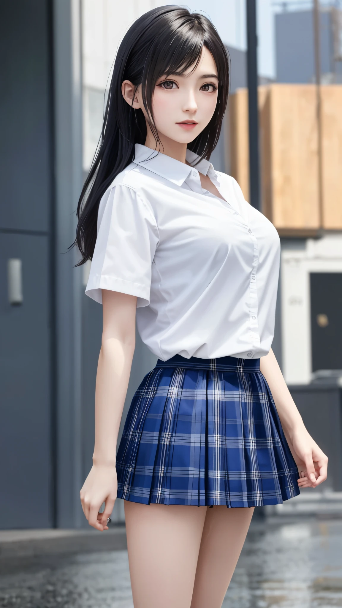 (top quality, masutepiece: 1.1), (Realistic: 1.3), (photoRealistic: 1.3),wallpapers, BREAK (((FF7,Tifa_lockhart))),(((Japan jk uniform,White short-sleeved shirt,Navy Blue Plaid Pleated mini-Skirt,Dark blue short socks,loafers))),(background big city,shibuya:1.1,heavy rain:1.3,rain dlop,pitch black),(gravure pose:1.3,nogizaka idol),Ultra-detailed face, Detailed eyes,Red eyes, BREAK (((FF7,Tifa_lockhart))),(black brown hair, Large breasts: 1.2), (all body soaked:1.3),(wet body:1.3,wet hair:1.2,wet face:1.3,wet shirt,wet skirt), BREAK , About 18 years old,kawaii,(face focus:1.2),sensual,zettai_ryouiki:1.1,looking at viewer,Beautiful legs,