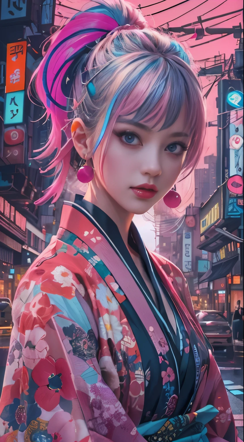 masterpiece, highest quality, Cyberpunk girls, wearing a Japanese kimono, Bold colors and patterns, eye-catching accessories, Trendy and innovative hairstyles, bright makeup, Cyberpunk dazzling cityscape, Pink stands out,skyscraper, neon sign, led lights, Bright and vivid color scheme, anime, figure, fine skin texture, fine cloth texture, beautiful detailed face, intricate details, Super detailed.