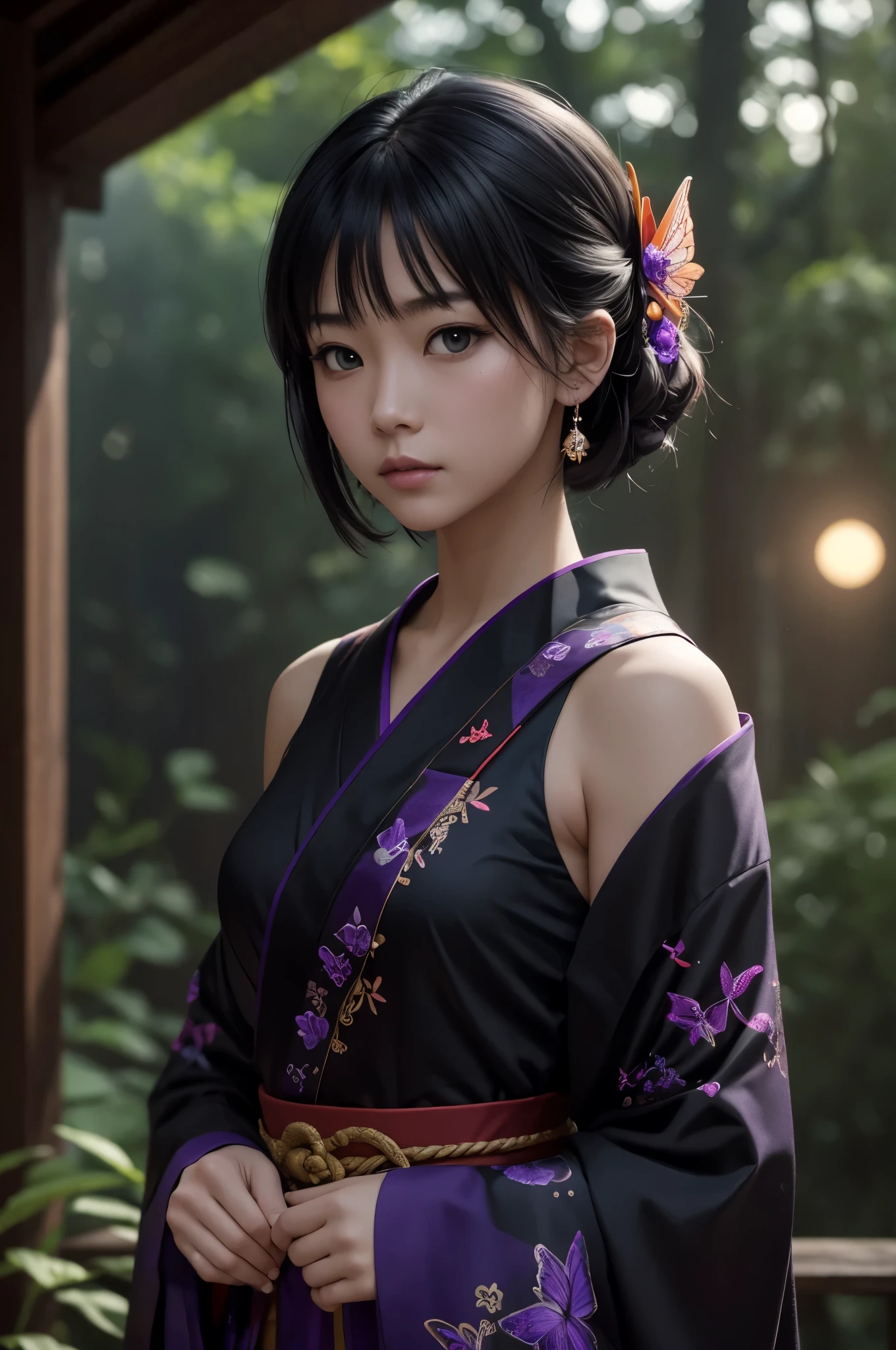 8K,Woman in Japan traditional costume,(dark shot:1.4), 80mm, (dark shot:1.4), 80mm, epic real, Big eyes,Black hair short bob hair,black and purple butterfly hair ornament,black kimono and red obi,black and purple butterfly pattern(Precise butterfly embroidery),purple eyes(purple effect),range murata, wonderful, matted, paul gauguin, art,soft cinematic light, adobe lightroom, photo lab, HDR, 複雑で非常にdetailed, (Depth of bounds written:1.4), (dark shot:1.22), Neutral Color, (HDR:1.4), (calm colors:1.4), (Complex), (artステーション:1.2), 超detailedな, dramatic, Complex細部, (technicolor:0.9), (rutkowski:0.8), cinematic, detailed, soft light, sharp, exposure blend, medium shot, Bokeh, (HDR:1.4), high contrast, (cinematic, teal and orange:0.85), (calm colors, dim color, calm colors調:1.3), low saturation, (超detailedな:1.2), (:0.4), soft light, sharp, exposure blend、medium shot、Bokeh、(HDR:1.4)、high contrast、low saturation、(hyper detail:1.2)、(:0.4)、(Complex細部:1.12)、HDR、(Complex細部、hyper detail:1.15)Photorealistic RAW photos of the highest quality。Bright colors,rich colors, Backlight, cinematic lighting, film grain, to be born, 50mm lens, Nikon D850,realistic skin,ファンタジーart,キャラクターart,ultra high resolution,realistic skin,sunset,Lots of poses,muscular slim body,verandah of a large mansion,in the forest,超realistic skin,full moon,late night,