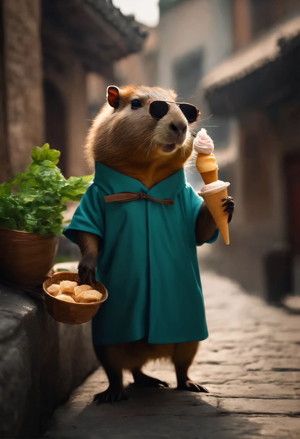 Capybara wearing sunglasses and headphones walks on the streets of a medieval Chinese city,Eating ice cream