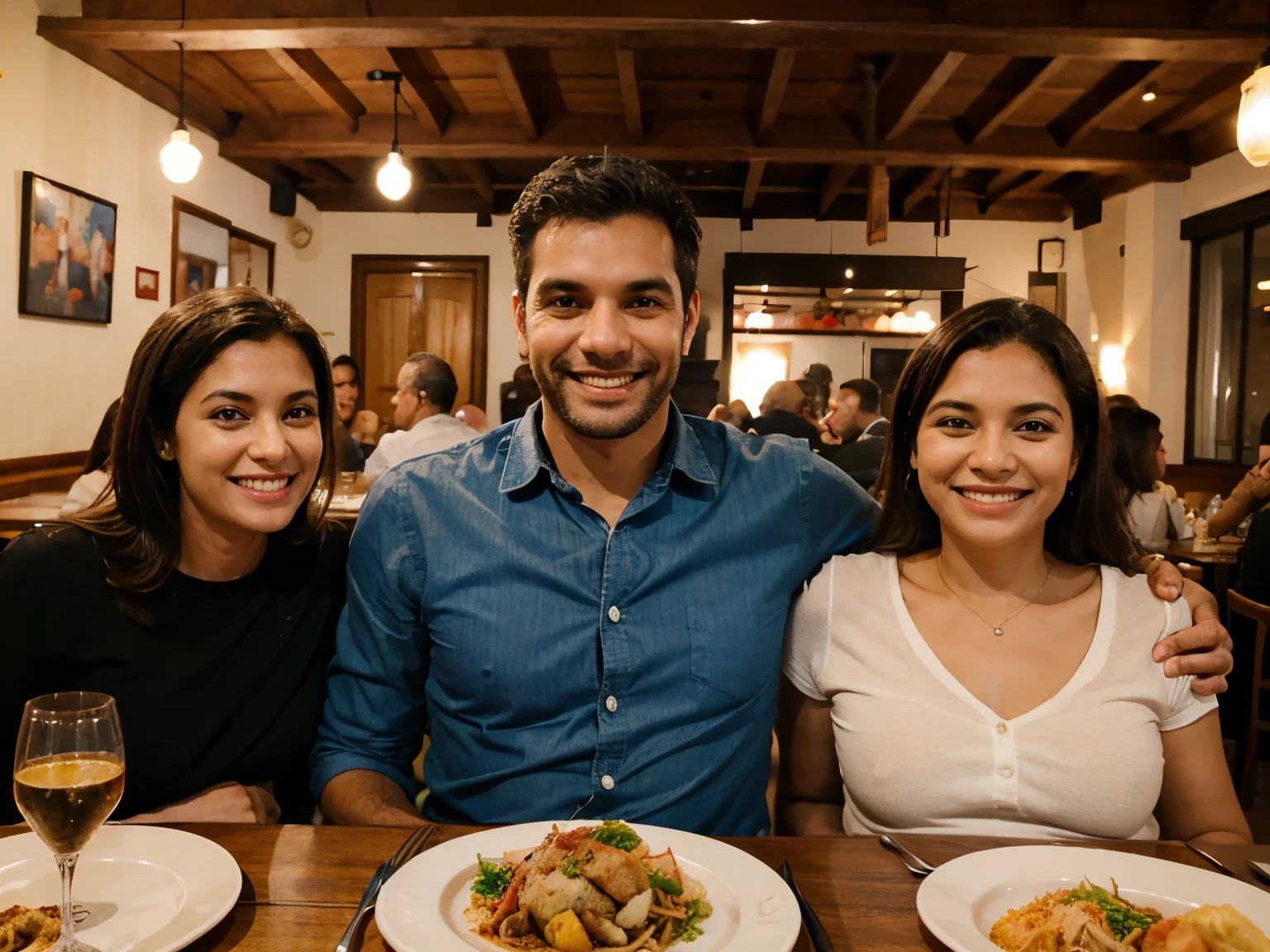 Family dinner, restaurante, marido e esposa sentados, sorrindo, various places.