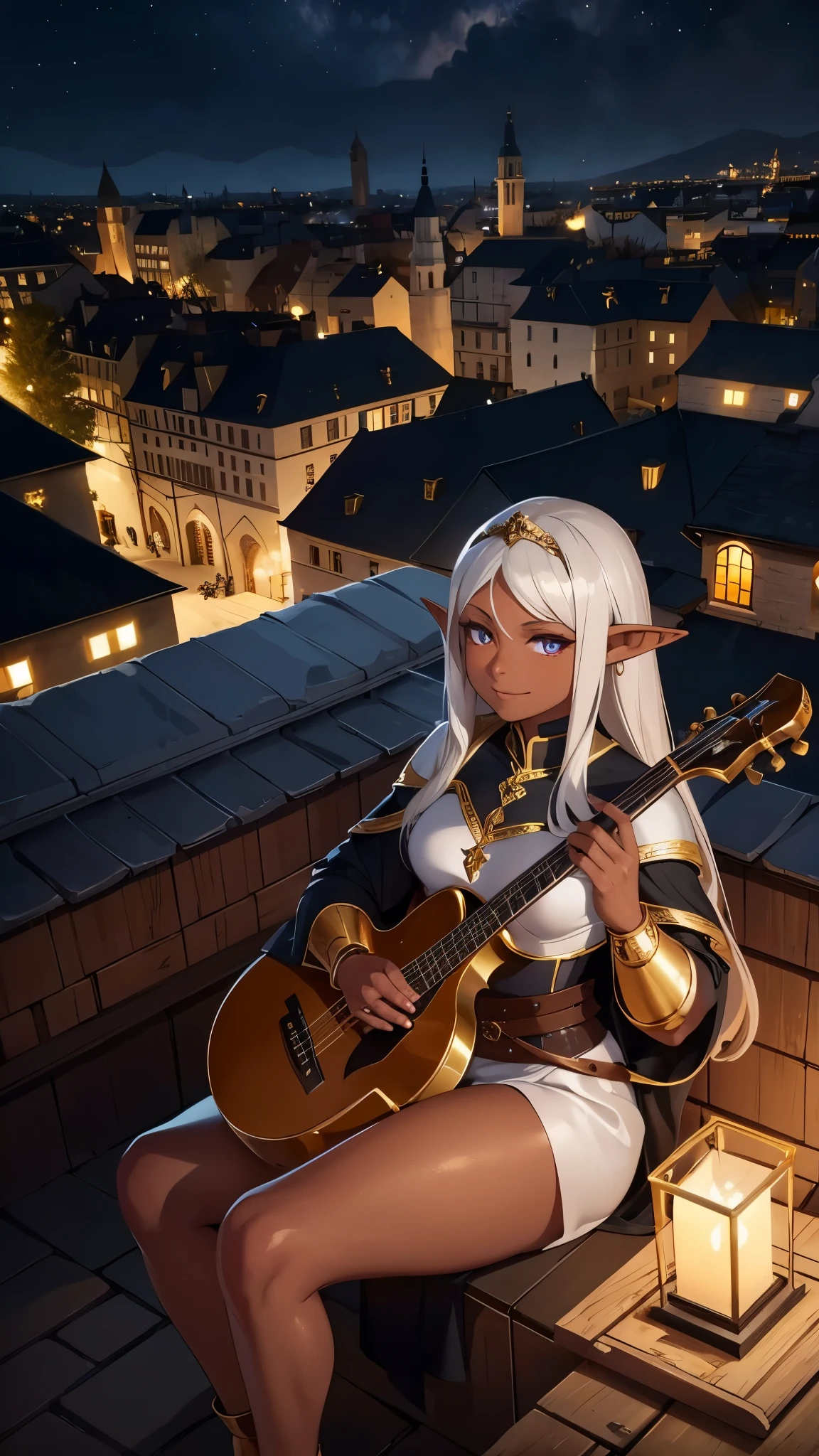shiny gold, shiny glowing eyes, light reflecting, innocent smile, 1 elf girl, dark skin, gray clothing, gold accessories, playing an instrument, medieval city, night, rooftop