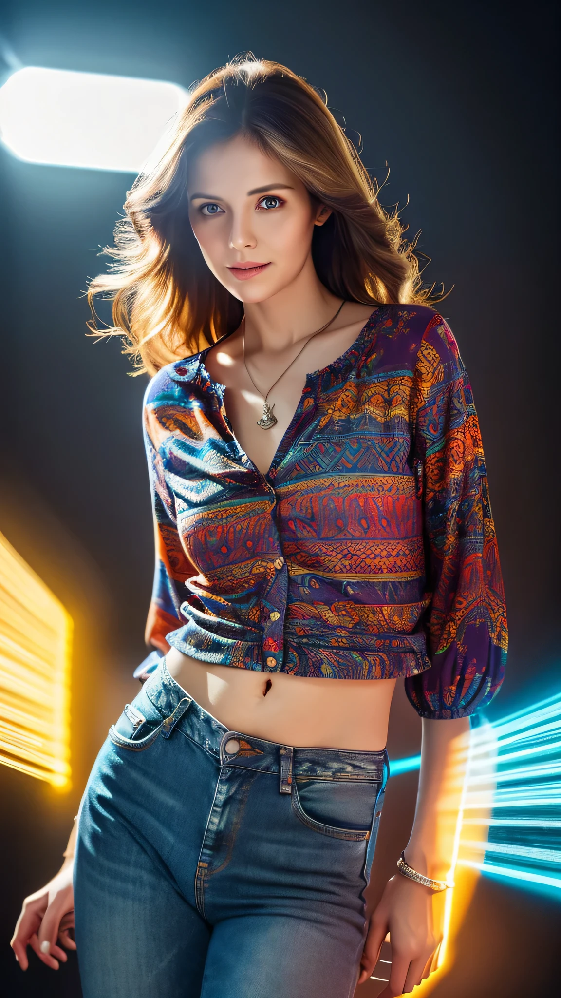 (highest quality, High resolution, Super detailed:1.2), One mature woman wearing jeans and a blouse, An illustration, bright colors, intense lighting, (embarrassing dry bump session:1.2)