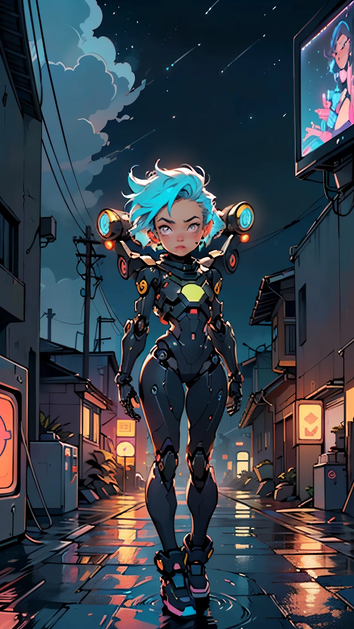 (((TV robot with mechanical arms and legs))),
(((tiny little robot chibi))) with ((((TV head)))). He has (((shaped like a cube with mechanical arms and legs))),and a (((screen on his face))) that displays emoticons and coded messages,Strange head, black tv head,detailed TV head,intricate robot,
(((Object_head,televison_head))),
(dynamic pose:1.0),solo focus,(centered,scale to fit dimensions,Rule of thirds),
cyberpunk city by the ocean at night, with bright neon signs and dark stormy clouds and puddles, scenery:1.25,nighttime, starry night, cosmos,Very dark night that makes the neon lights stand out, very bright neon lights,nighttime, starry night, cosmos,
artistic photography,(photography taken by sldr),highres, sharp focus, (ultra detailed, extremely detailed), (photorealistic artwork:1.37),(extremely detailed CG unity 8k wallpaper),((synthwave background theme)),(((vibrant colors))),(intricate background),(masterpiece),(best quality)