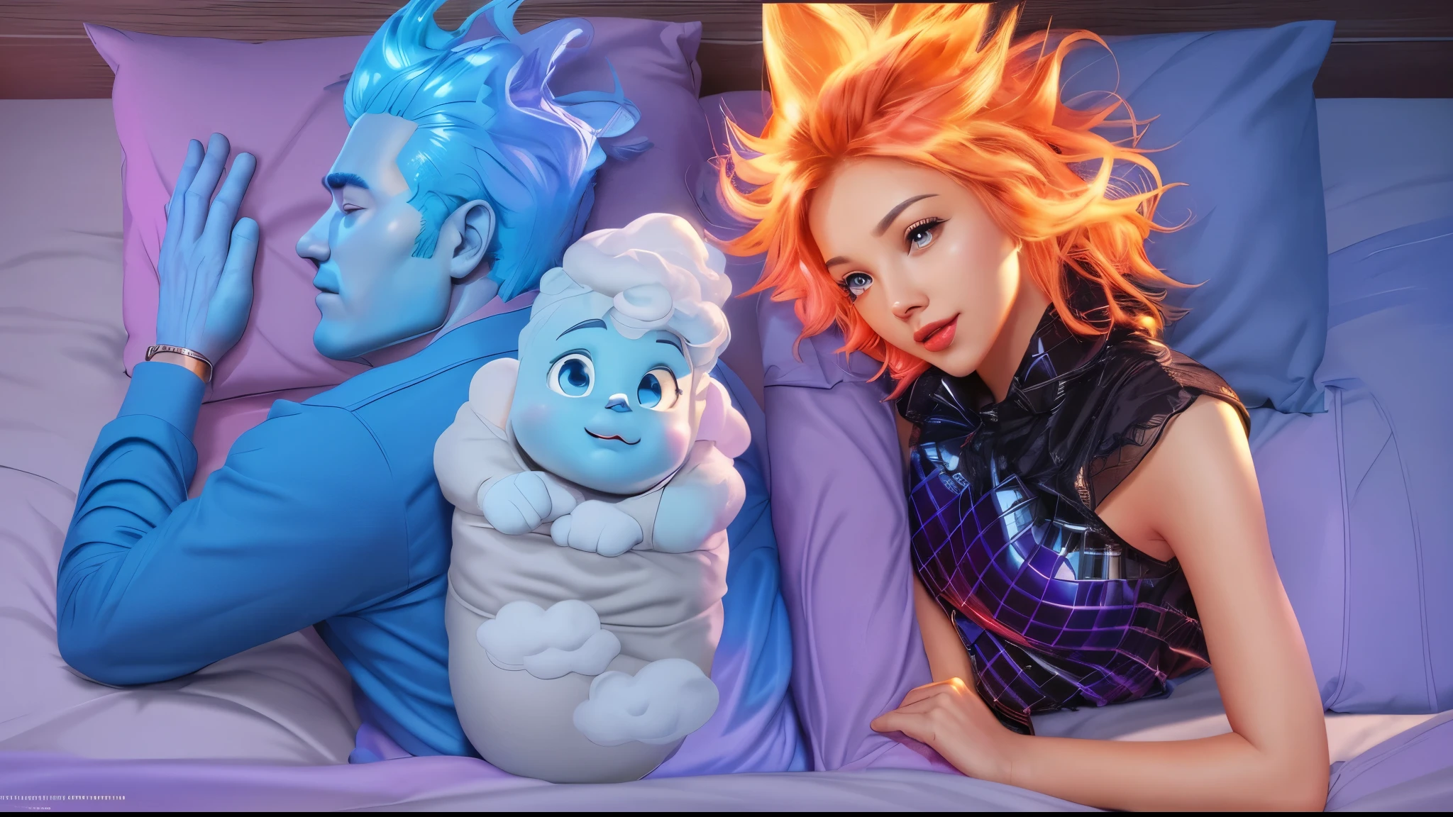 there is a woman laying in bed with a cloud baby and a man, movie promotional image, in style of disney pixar, There is a woman laying in bed next to a man with blue skin, vibrant, movie promotional image, purple and blue bed pillows, 4k, high resolution, realistic, multiple light sources, rim light (best quality, 4k, high-res, realistic), ultra-detailed, vivid colors, movie poster style, vibrant atmosphere, glossy finish, dynamic poses, crisp details, intense emotions, romantic setting, soft lighting, cinematic feel