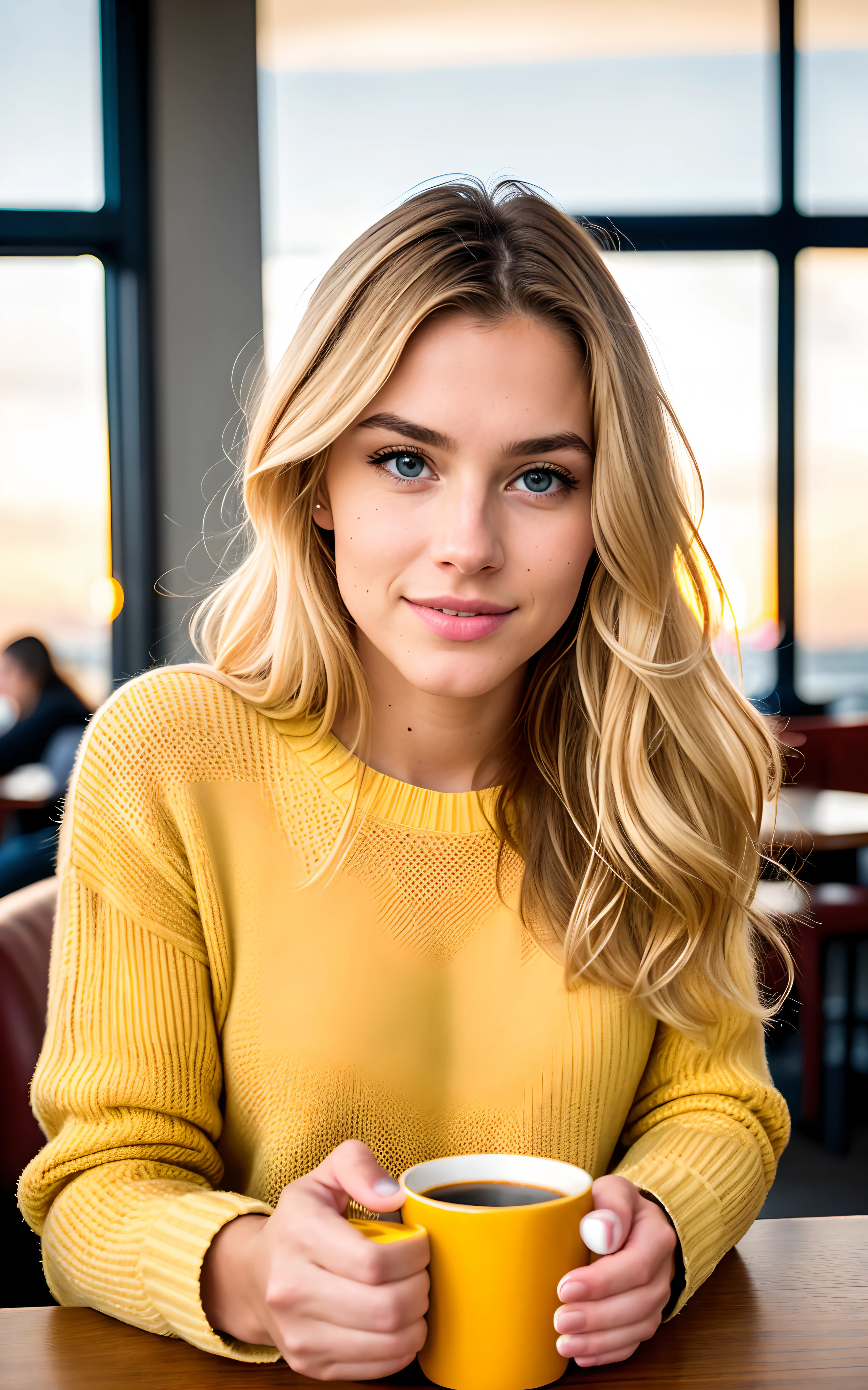 beautiful beautiful blonde wearing yellow sweater (drinking coffee inside a trendy cafe at sunset), muito detalhado, 21 anos de idade, cara inocente, cabelo com ondas naturais, olhos azuis, high resolution, obra de arte, melhor qualidade,detalhes intrincados, altamente detalhado,sharp focus, pele detalhada,realista skin textura,textura, olhos detalhados, profissional, 4k, sorriso encantador, filmado em Canon, 85mm,profundidade superficial de campo,Kodak Vision Colors, corpo em forma perfeita, extremamente detalhado, foto_\(ultra\), fotorealista, realista, post-processing, maximum detail, rugosidade, Vida real, ultra realista, fotorealism, fotography, 8K Ultra HD, fotography