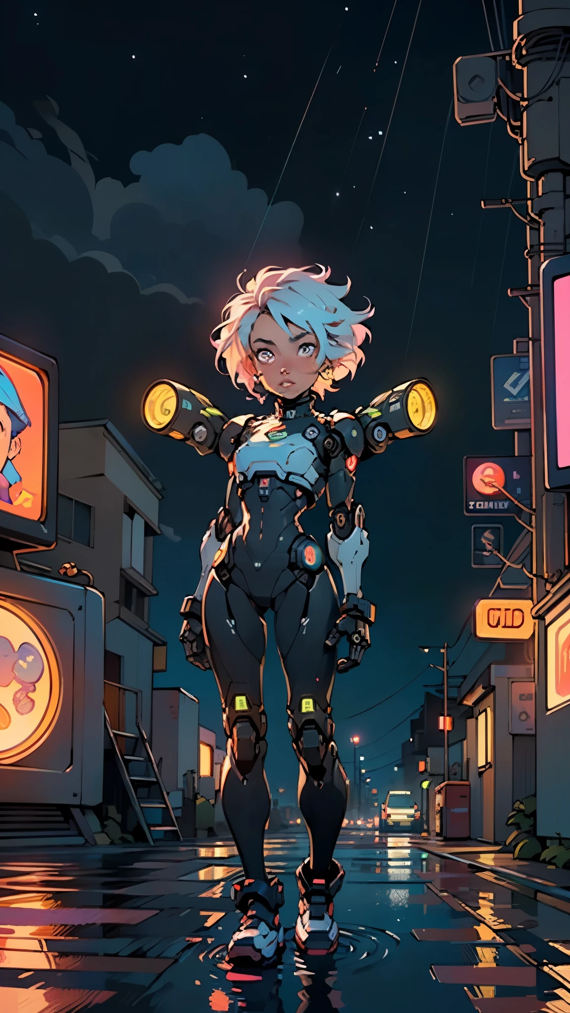 (((TV robot with mechanical arms and legs))),

(((tiny little robot chibi))) with ((((TV head)))). He has (((shaped like a cube with mechanical arms and legs))),and a (((screen on his face))) that displays emoticons and coded messages,Strange head, black tv head,detailed TV head,intricate robot,

(((Object_head,televison_head))),

(dynamic pose:1.0),solo focus,(centered,scale to fit dimensions,Rule of thirds),

cyberpunk city by the ocean at night, with bright neon signs and dark stormy clouds and puddles, scenery:1.25,nighttime, starry night, cosmos,Very dark night that makes the neon lights stand out, very bright neon lights,nighttime, starry night, cosmos,

artistic photography,(photography taken by sldr),highres, sharp focus, (ultra detailed, extremely detailed), (photorealistic artwork:1.37),(extremely detailed CG unity 8k wallpaper),((synthwave background theme)),(((vibrant colors))),(intricate background),(masterpiece),(best quality)
