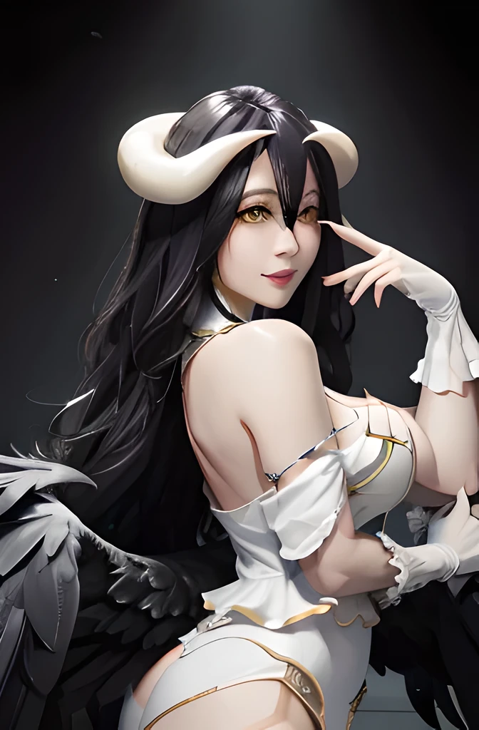 masterpiece, best quality, high resolution, All 1, Devil's Point, slit pupil, White gloves, white dress, bare shoulders, Split collar, Split, black wings, Feathered wings, Low wing, cowboy shooting, Everlasting, Smile, dungeon, evil Smile,